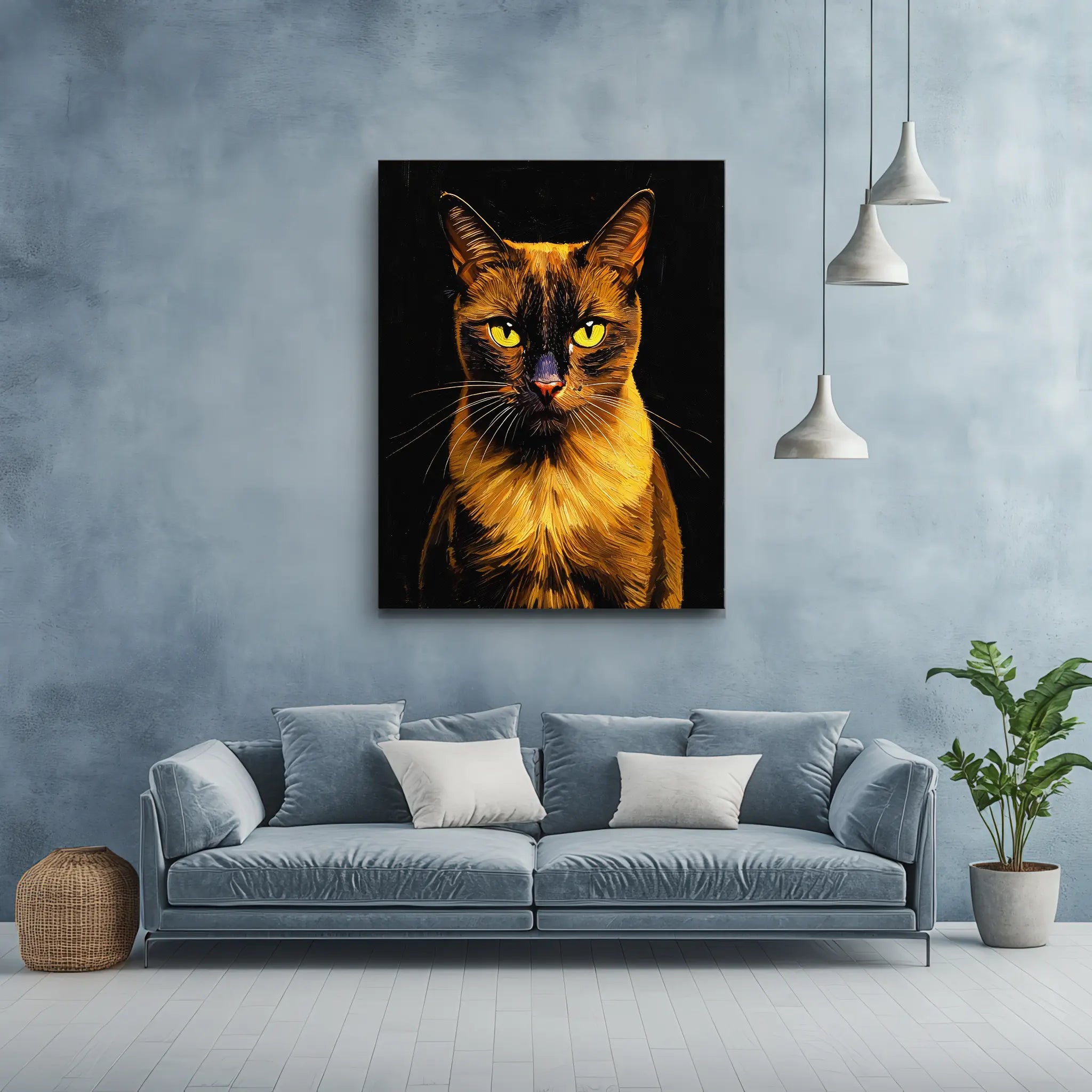 A large, vibrant painting of a cat with yellow eyes hangs above a blue sofa in a modern living room.