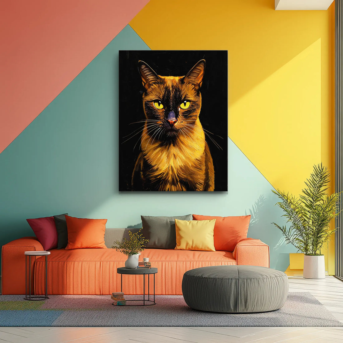 Colorful living room with geometric wall design, featuring a large cat portrait above an orange sofa with multicolored pillows.