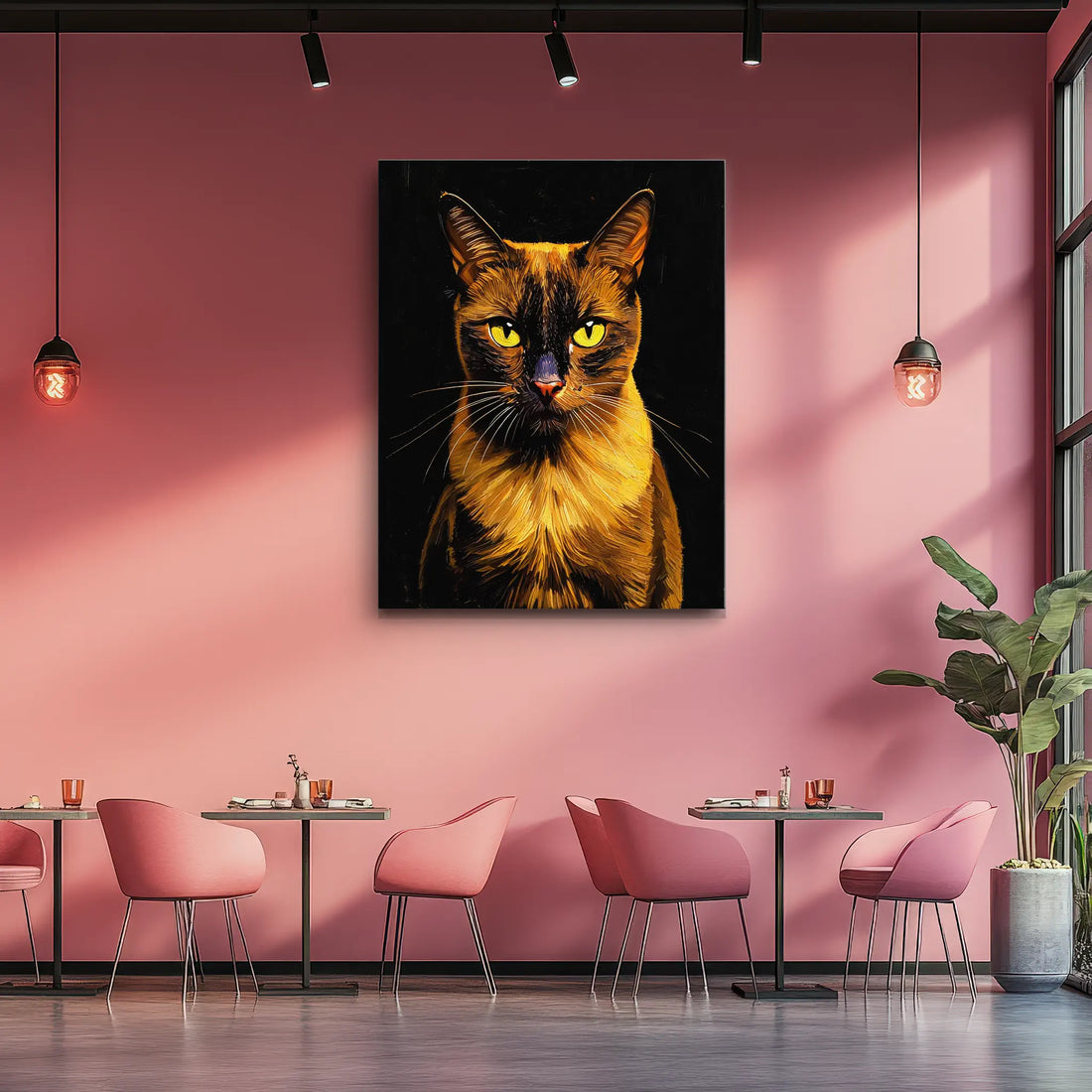 A large cat portrait hangs on a pink wall in a modern cafe with pink chairs and tables.