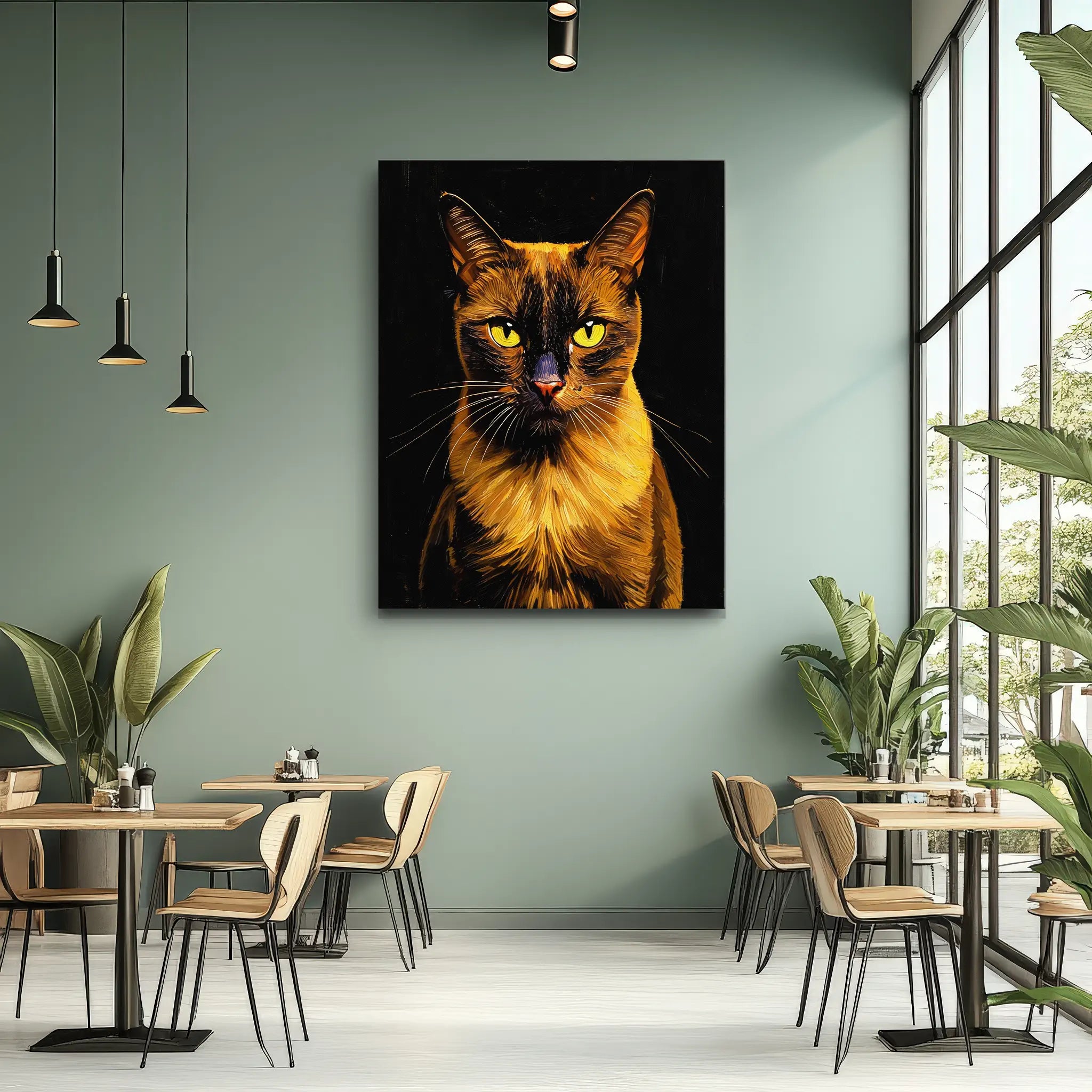 A modern cafe interior with a large, vibrant painting of a cat on the wall, surrounded by tables, chairs, and plants.