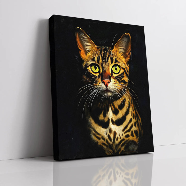 Canvas painting of a Bengal cat with striking yellow eyes on a dark background.