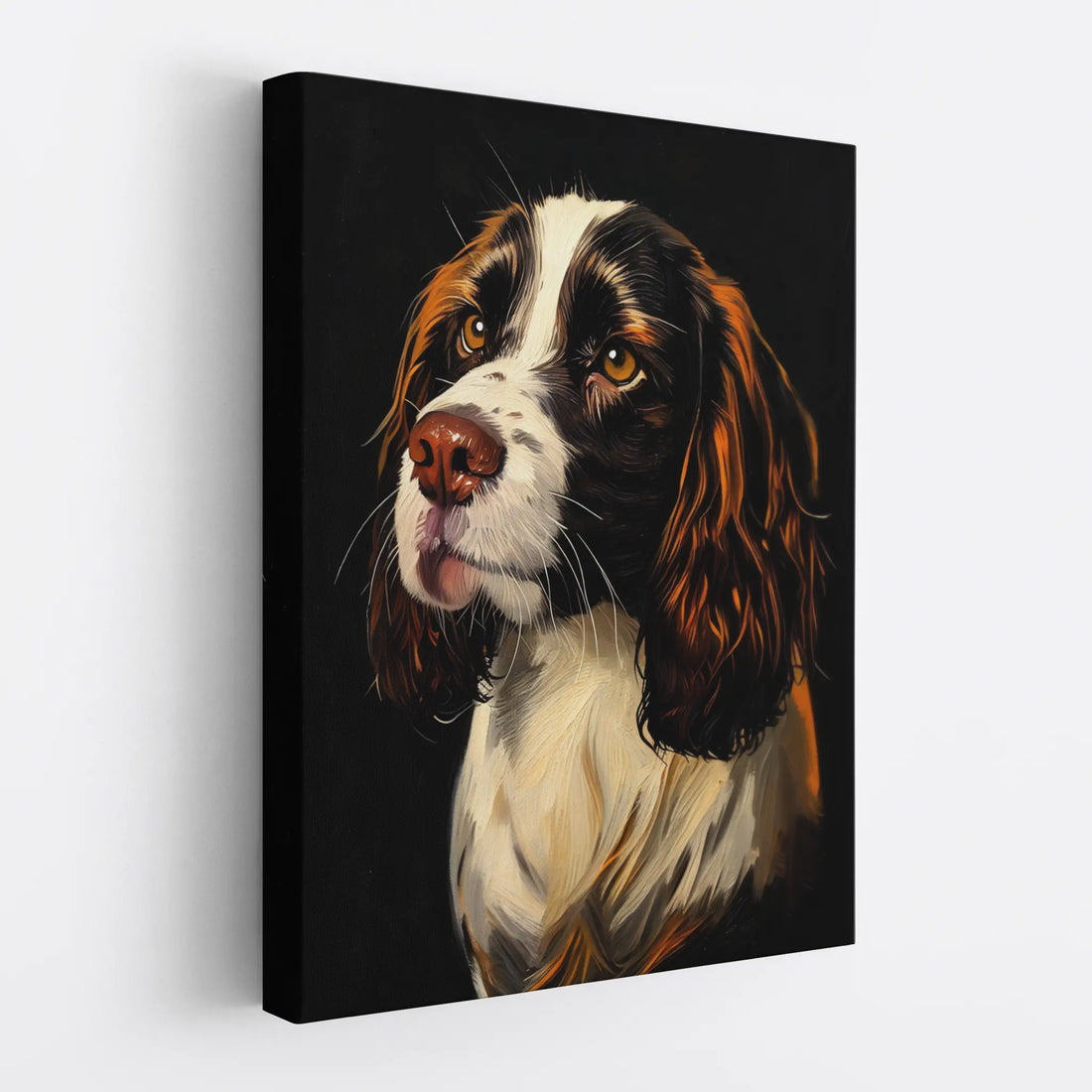 Canvas print of a realistic painting of a brown and white dog with expressive eyes on a black background.