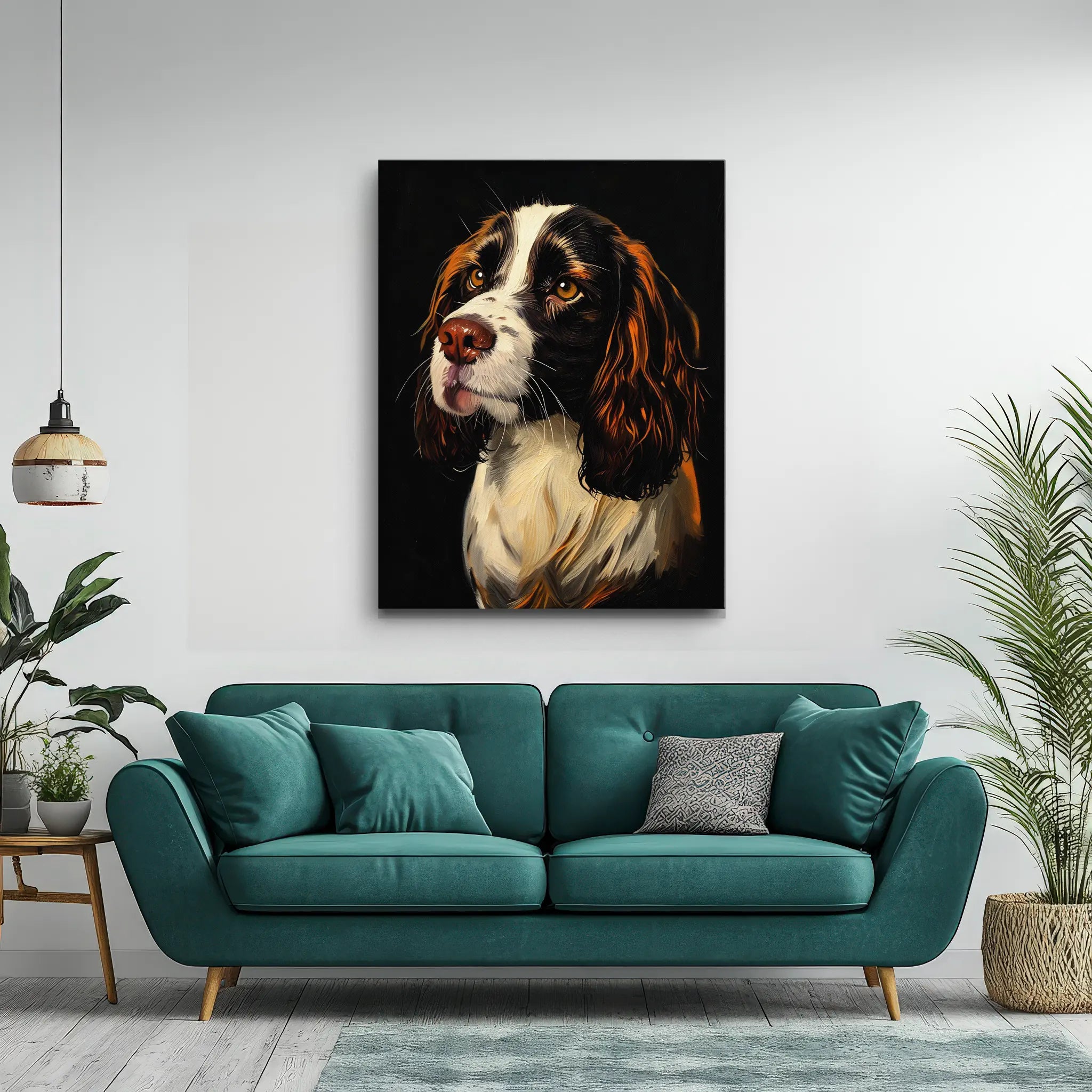 A teal sofa with cushions is placed in a modern living room, featuring a large, realistic painting of a dog on the wall above.