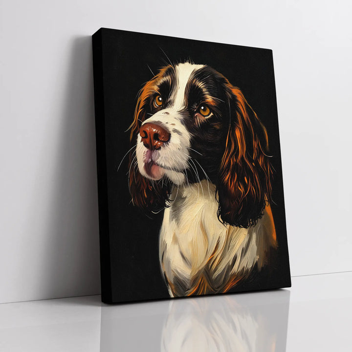 Canvas painting of a brown and white dog with a black background.