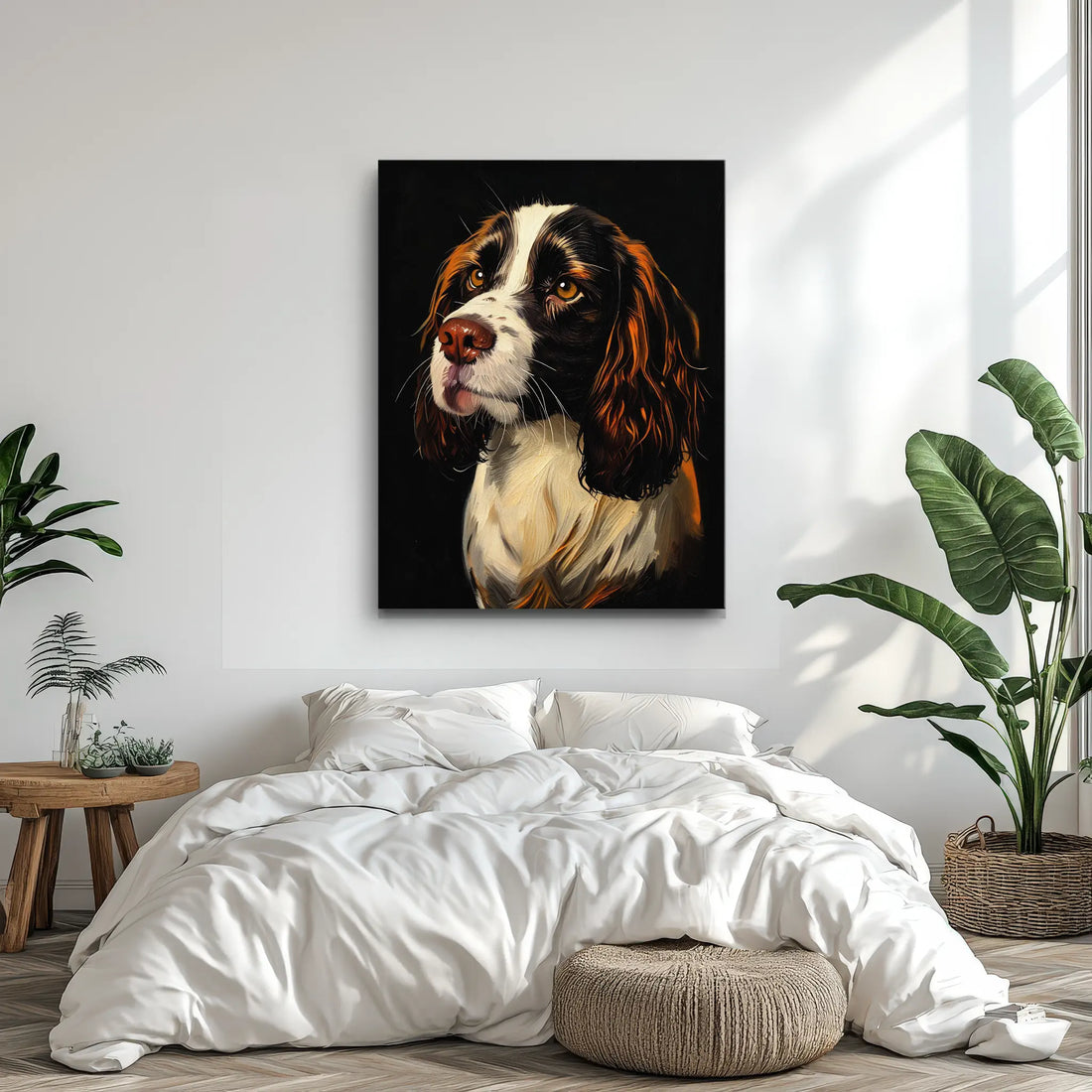 A cozy bedroom with a large dog portrait above the bed, featuring white bedding, a wooden side table, and green plants.