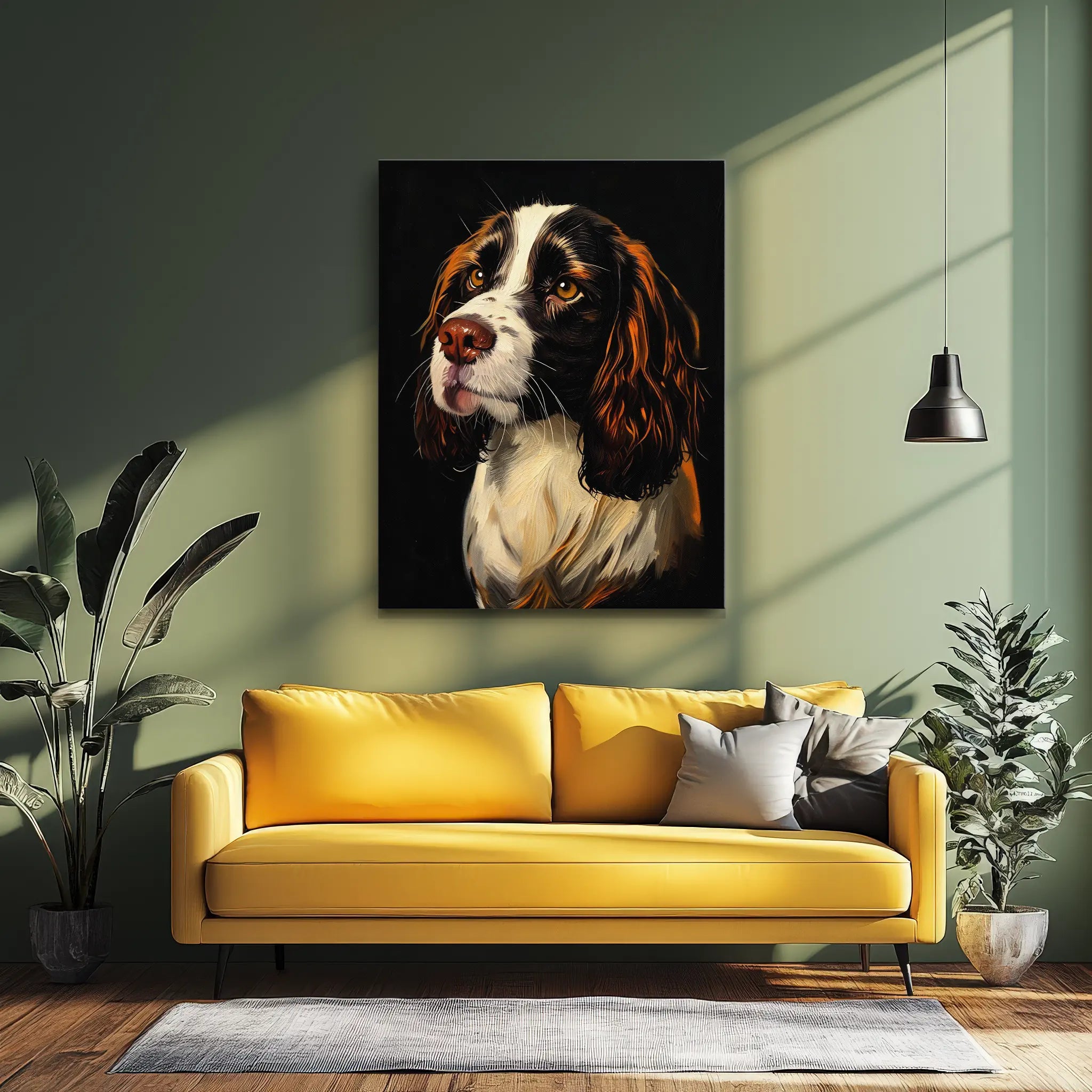 Yellow sofa with cushions in a modern living room, featuring a large dog portrait on the wall, surrounded by plants and a pendant light.