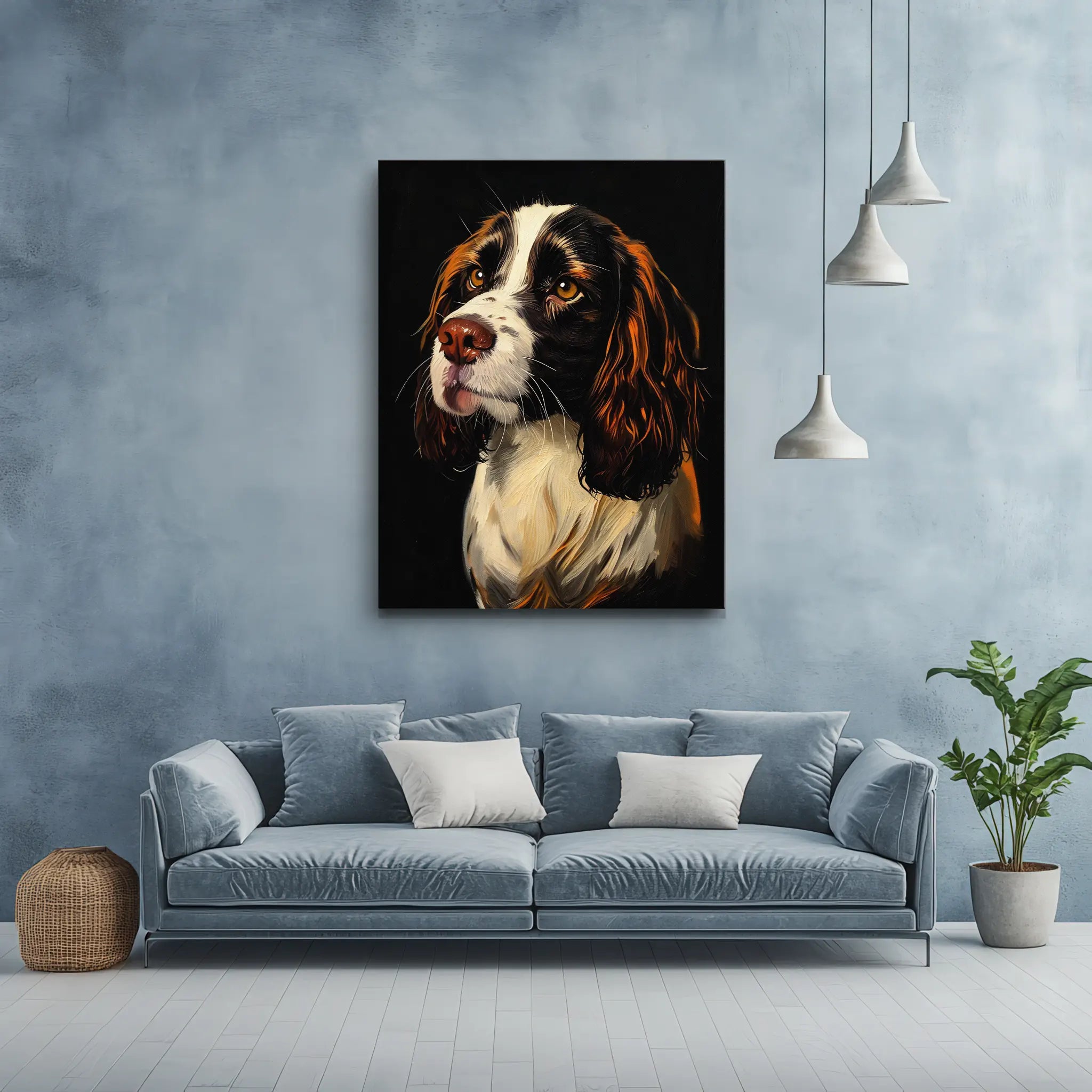 Painting of a dog on a wall above a blue sofa with white pillows, next to hanging lights and a potted plant.