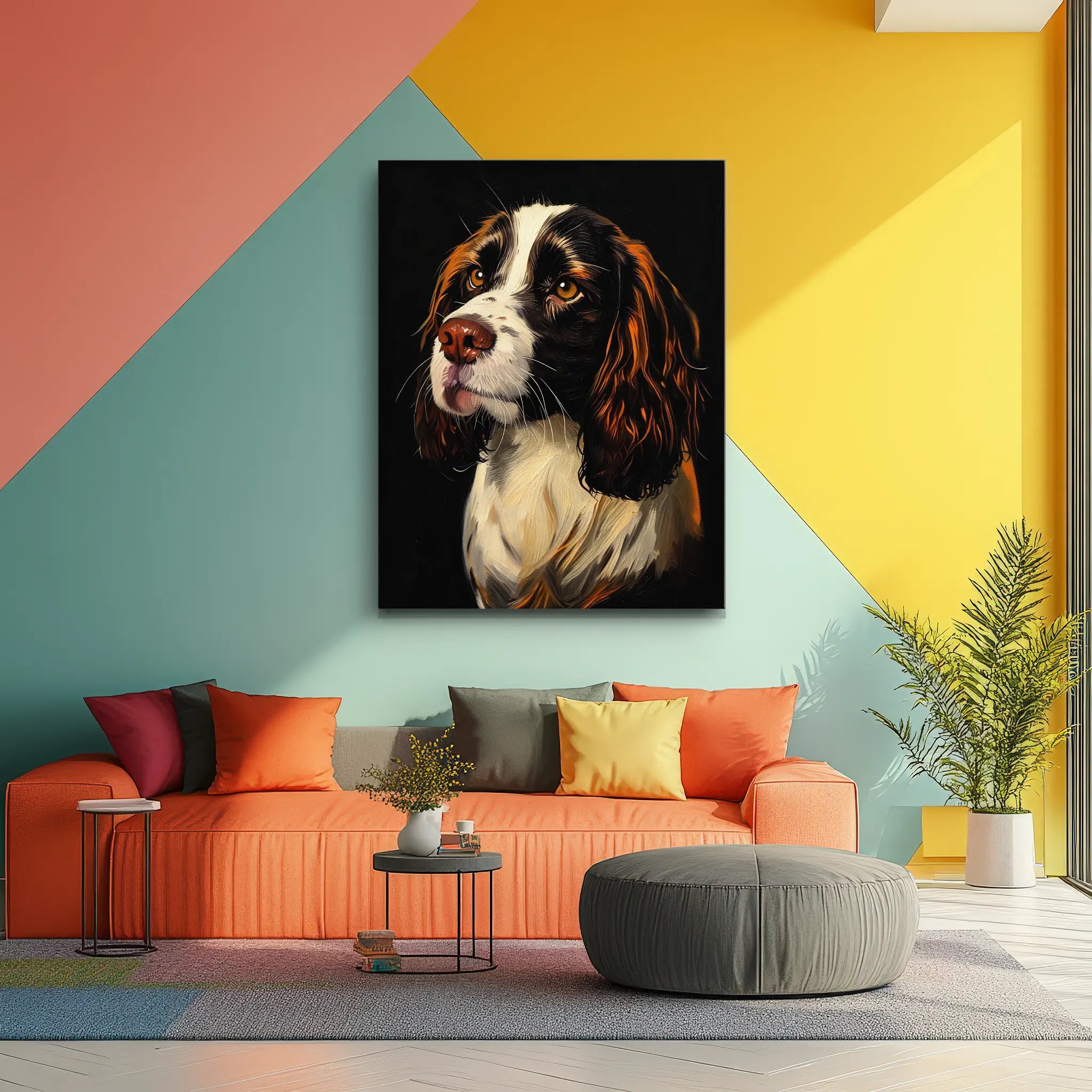 Colorful living room with a large dog portrait on the wall, orange sofa, multicolored pillows, and a round gray ottoman.