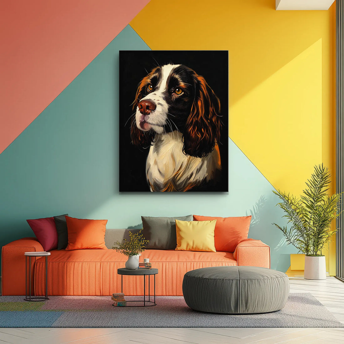 Colorful living room with a large dog portrait on the wall, orange sofa, multicolored pillows, and a round gray ottoman.