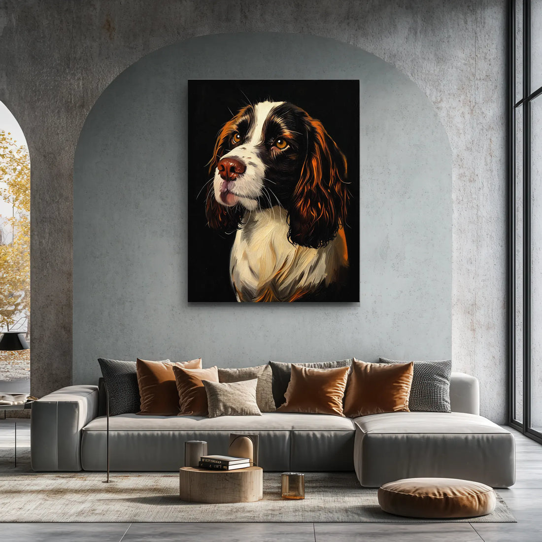 A large, realistic painting of a dog with brown and white fur hangs on a textured gray wall above a modern gray sofa with assorted pillows in a stylish living room.
