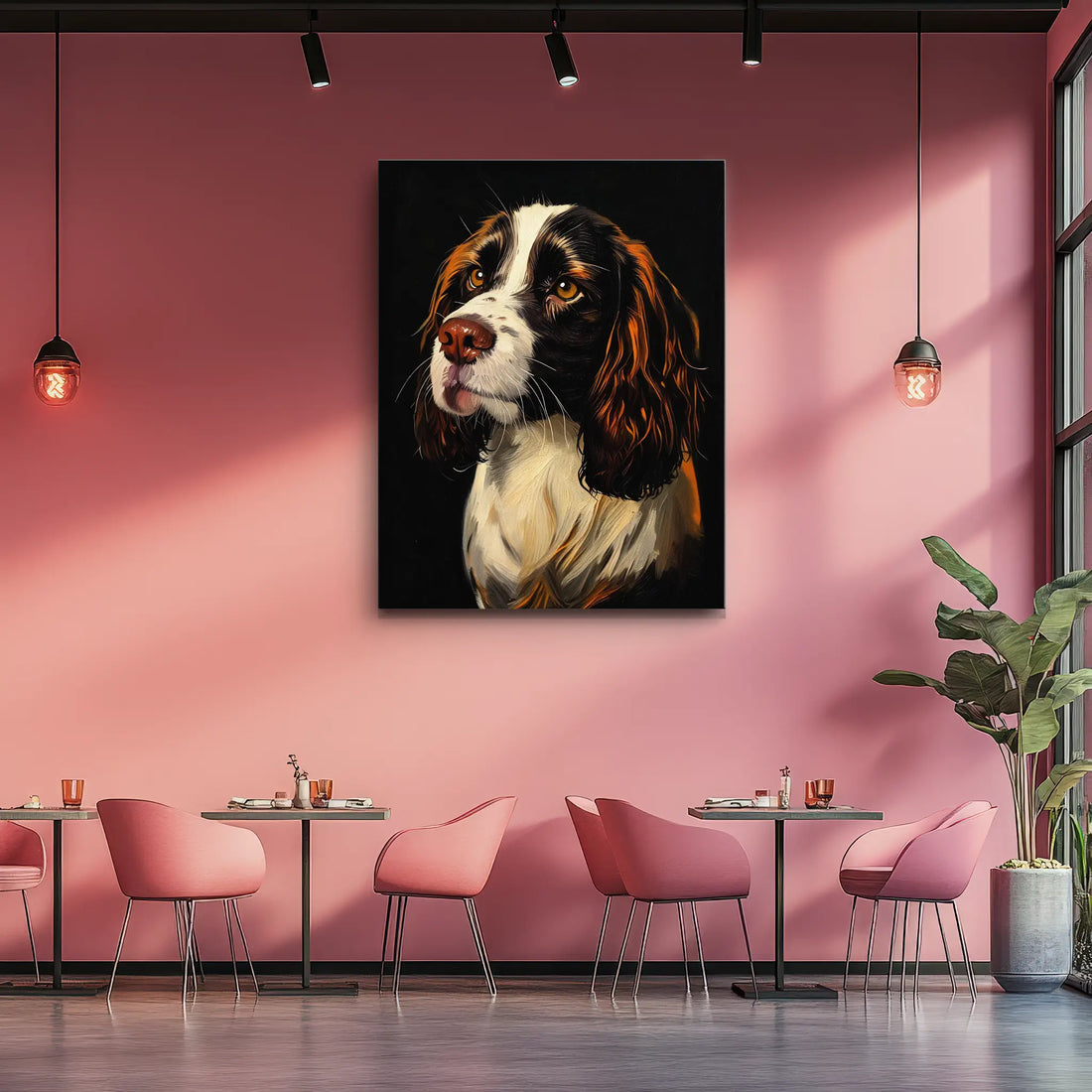 A modern cafe interior with pink walls, featuring a large painting of a dog above pink chairs and tables.