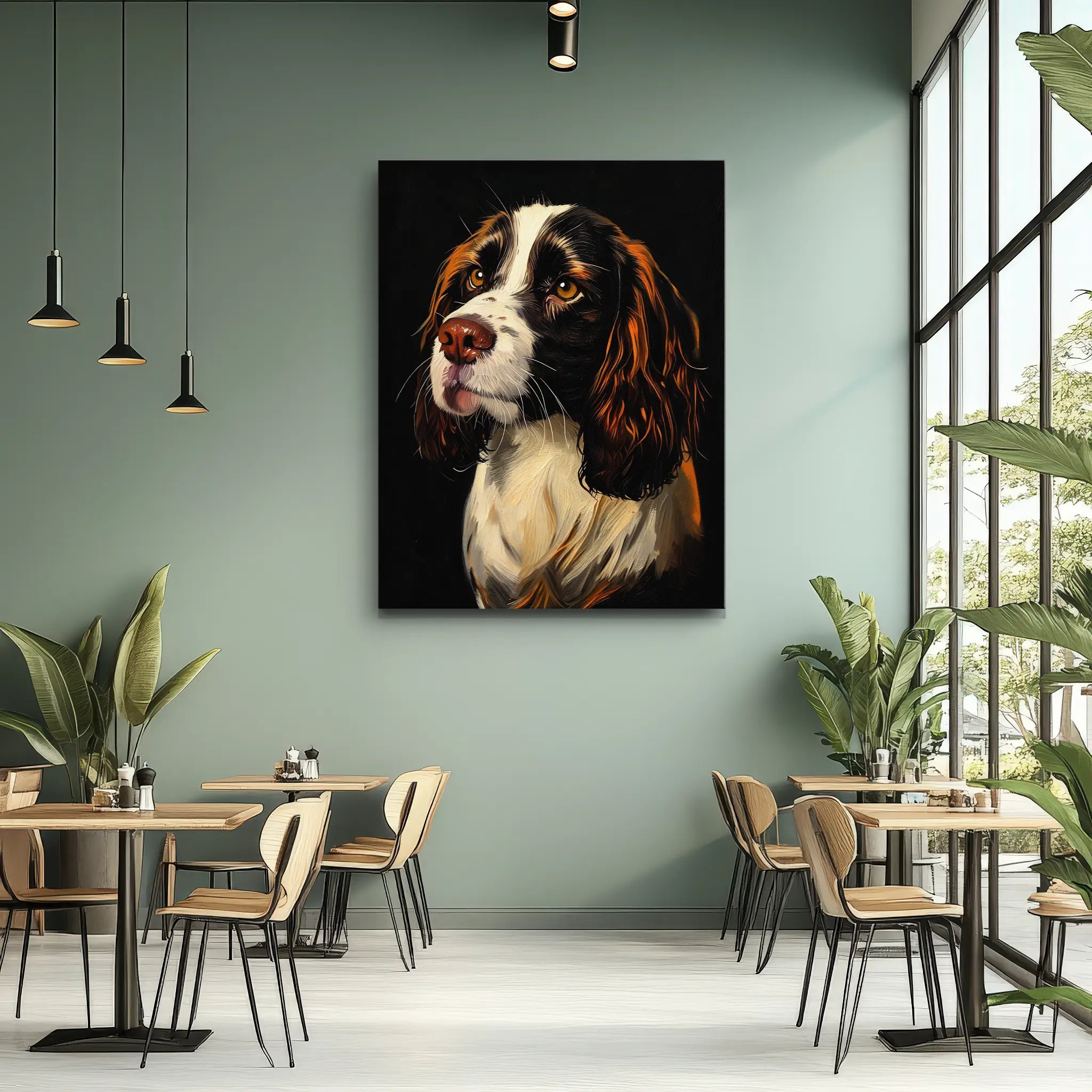 Painting of a dog on a wall in a modern cafe setting with tables, chairs, and plants.