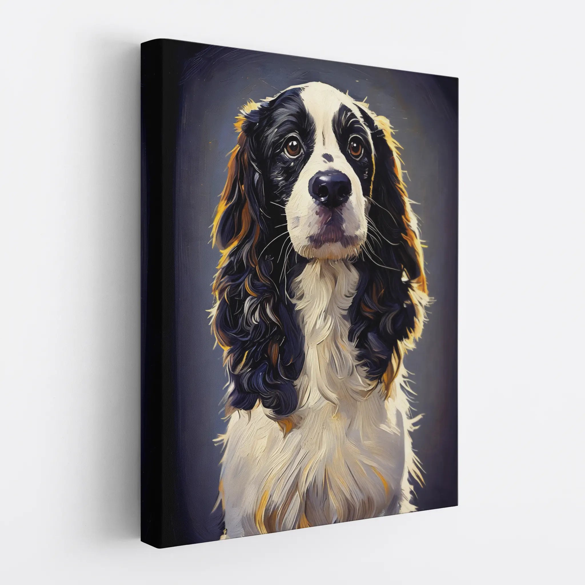 Canvas print of a black and white dog with long, wavy fur against a dark background.