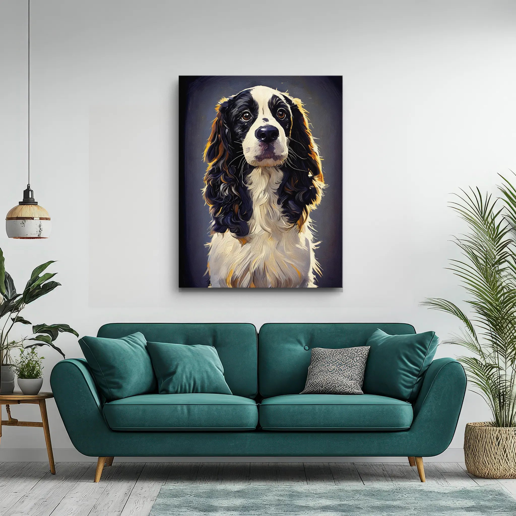 A teal sofa with cushions is placed in a modern living room, featuring a large painting of a black and white dog on the wall above.
