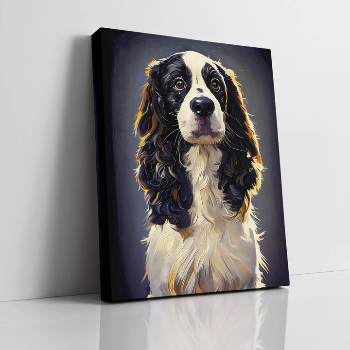 Canvas print of a black and white dog with long, wavy fur against a dark background.