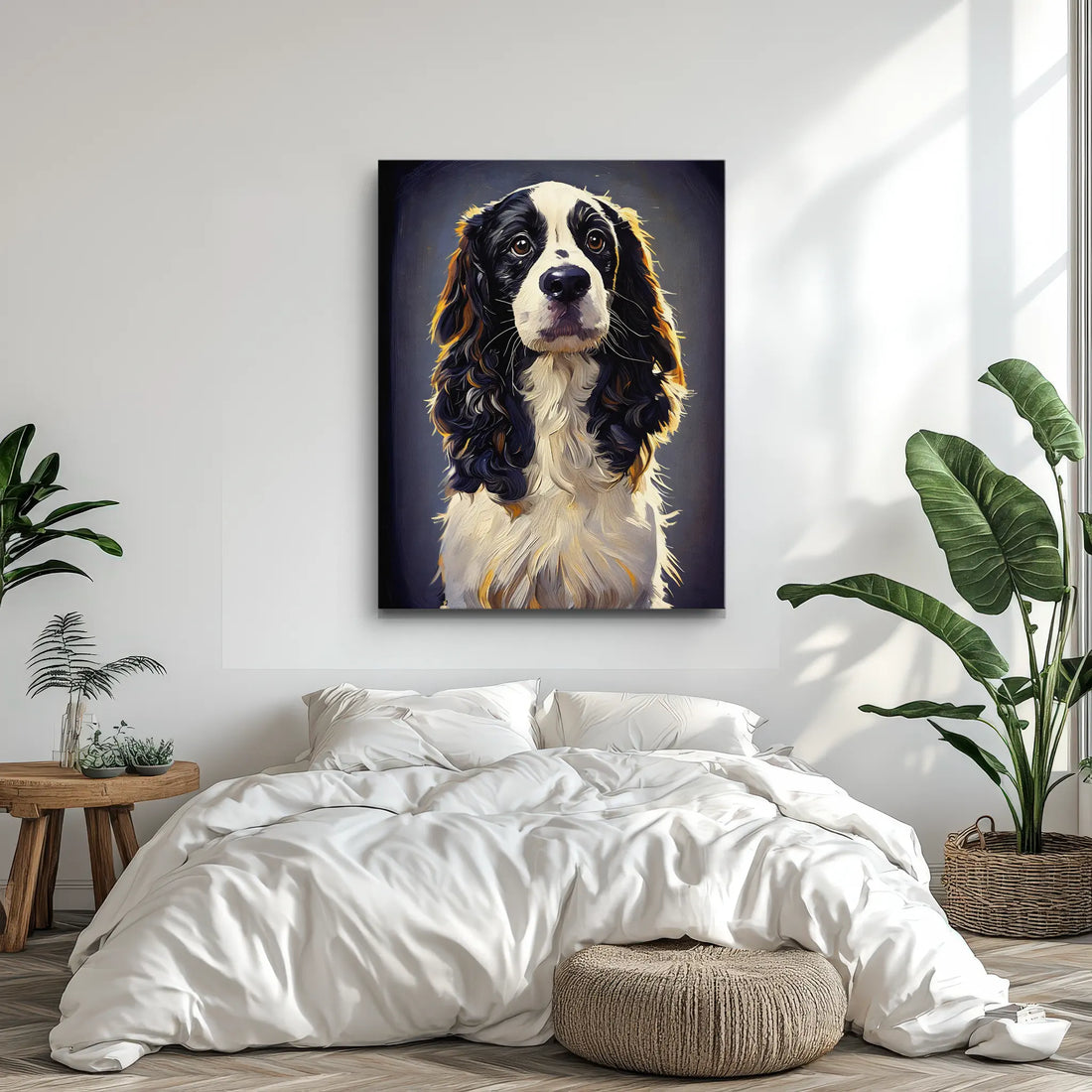 A cozy bedroom with a large, framed painting of a black and white dog above the bed, surrounded by plants and natural decor.