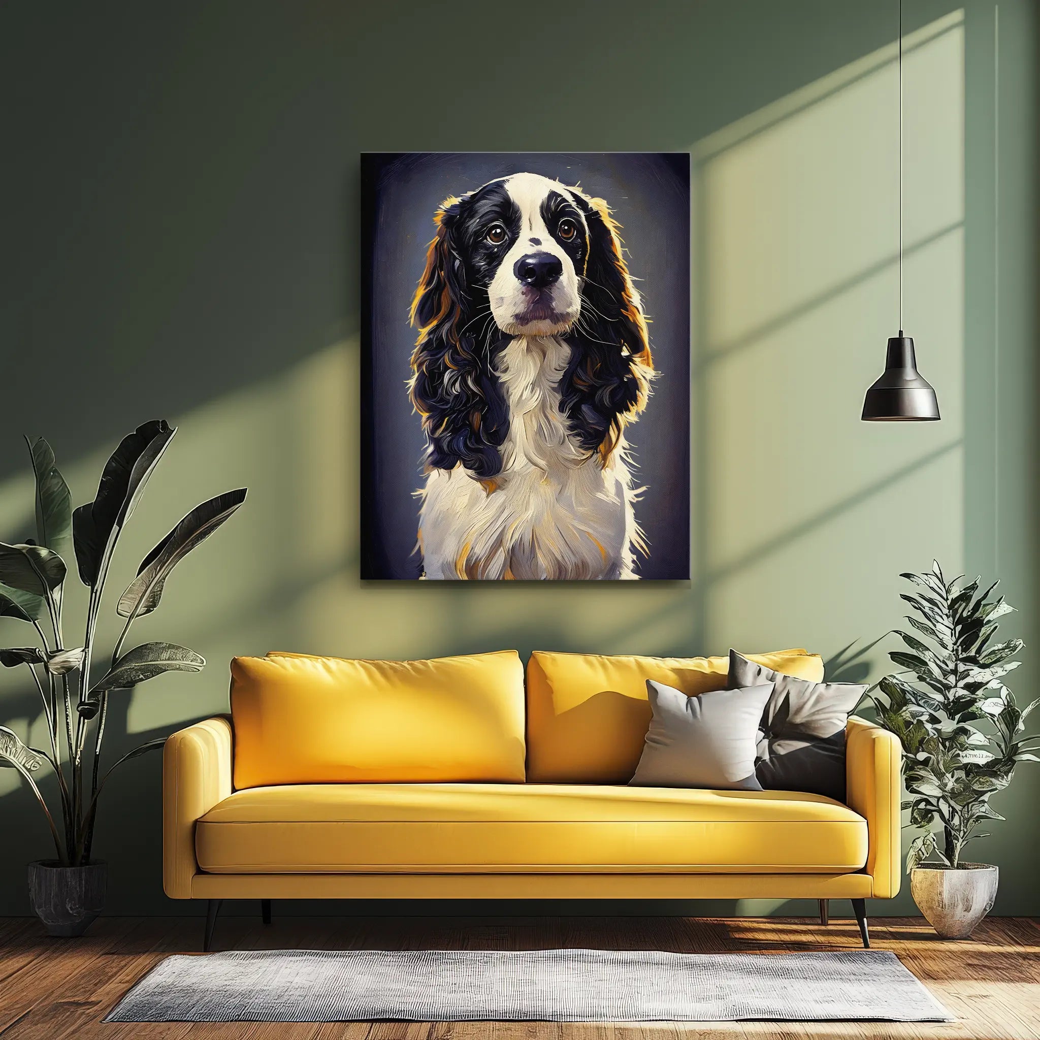Yellow sofa with gray pillows in a modern living room, featuring a large dog portrait on the wall and surrounded by plants.
