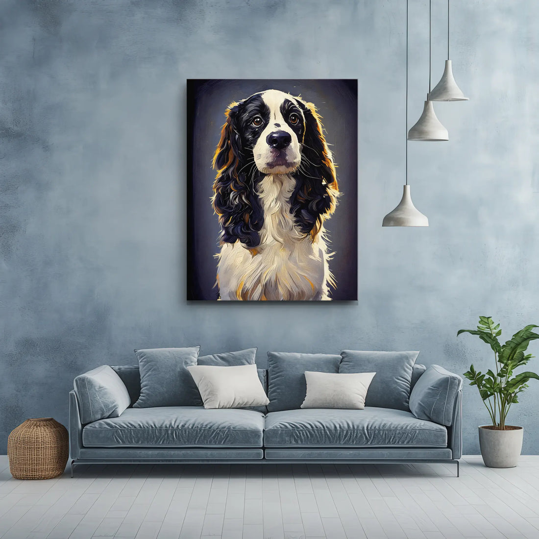 A living room with a blue sofa, a large dog portrait on the wall, pendant lights, and a potted plant.