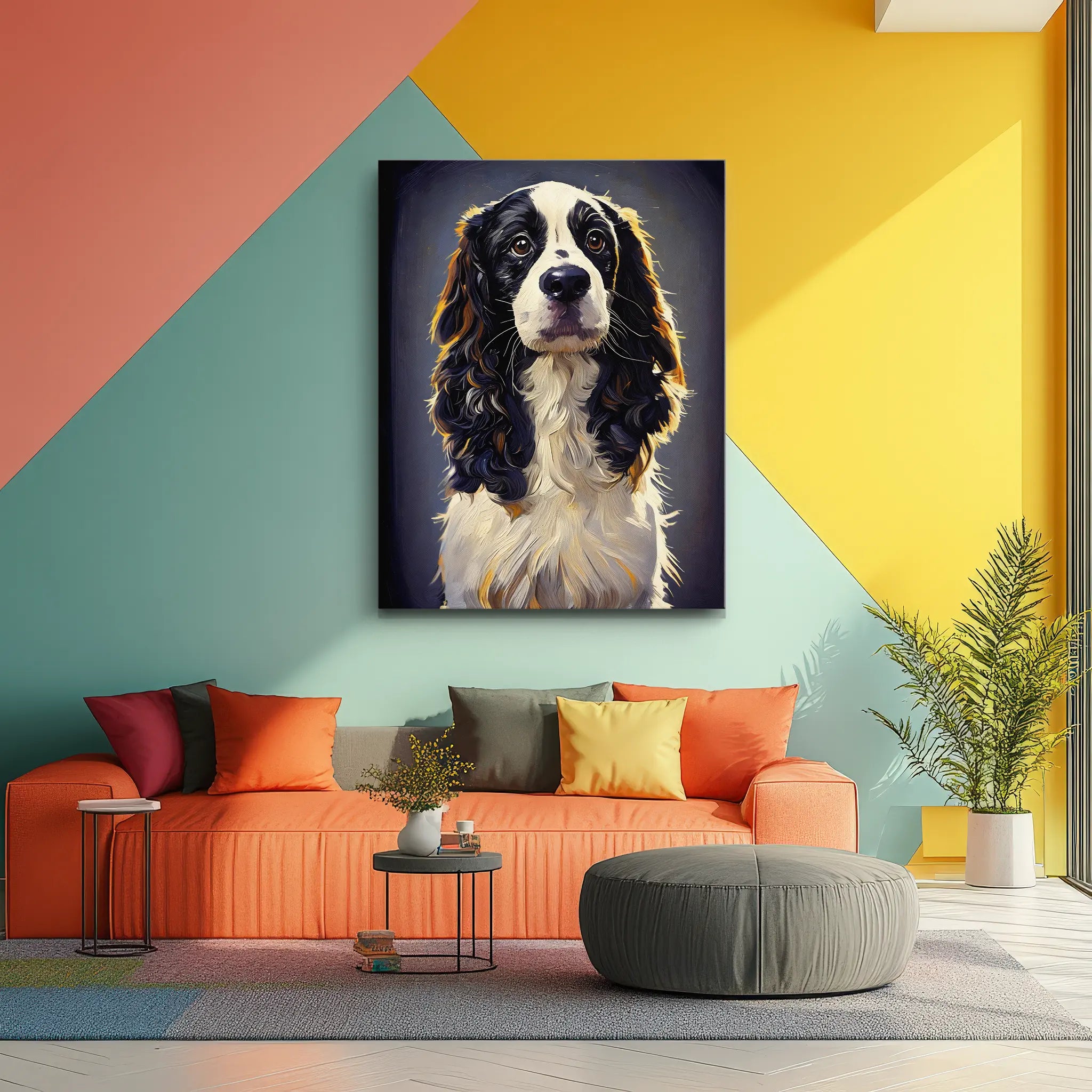 Colorful living room with a large dog portrait on the wall, orange sofa, multicolored pillows, and a round gray ottoman.