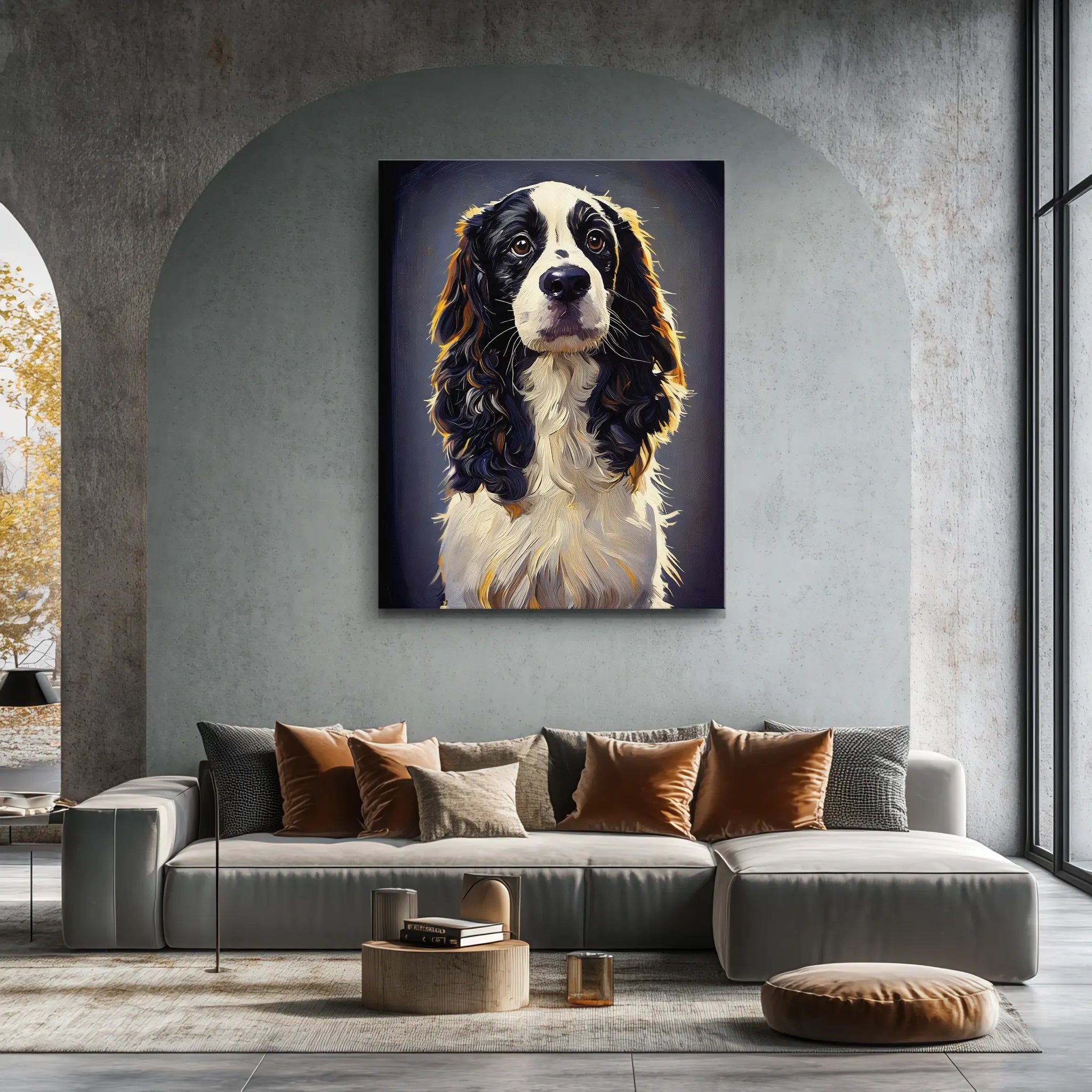 A modern living room with a large, realistic painting of a black and white dog above a gray sectional sofa adorned with assorted cushions.
