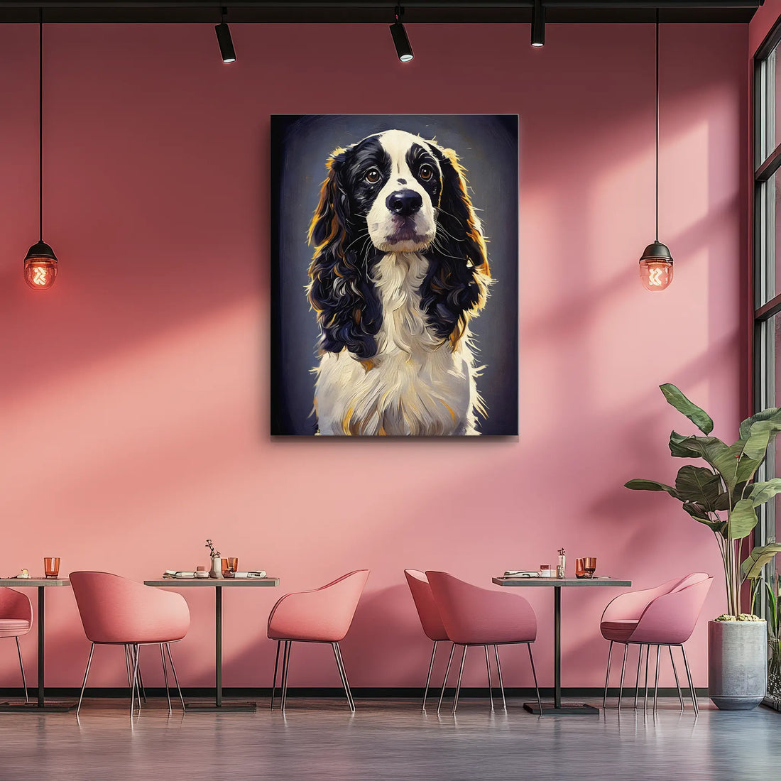A modern cafe interior with pink walls, featuring a large portrait of a black and white dog above pink chairs and tables.