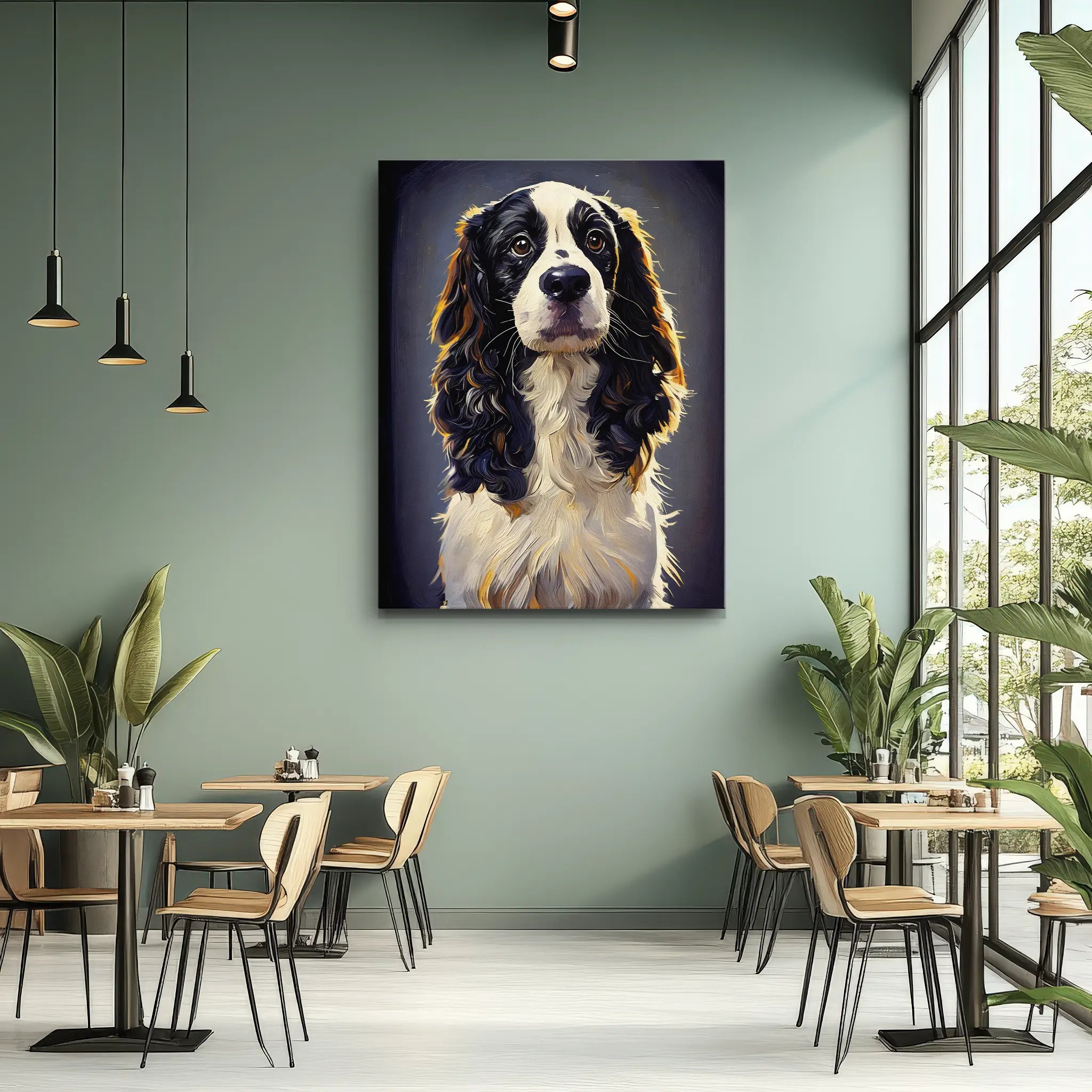 A modern cafe interior with a large, colorful painting of a dog on the wall, surrounded by tables, chairs, and plants.
