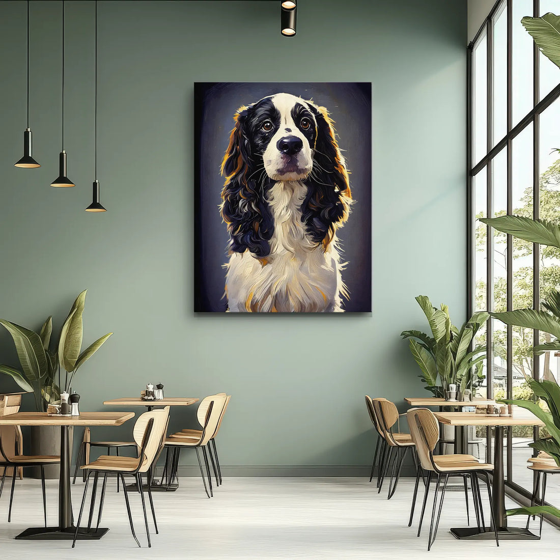 A modern cafe interior with a large, colorful painting of a dog on the wall, surrounded by tables, chairs, and plants.