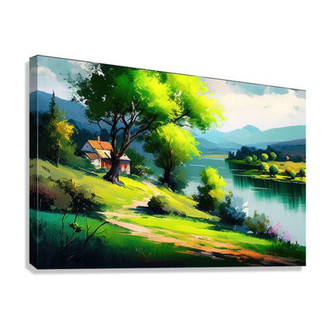 Sunny Day Water Front Home, Landscape Nature Art Print 32337 Giclée Stretched Canvas Print Visual Wall Art