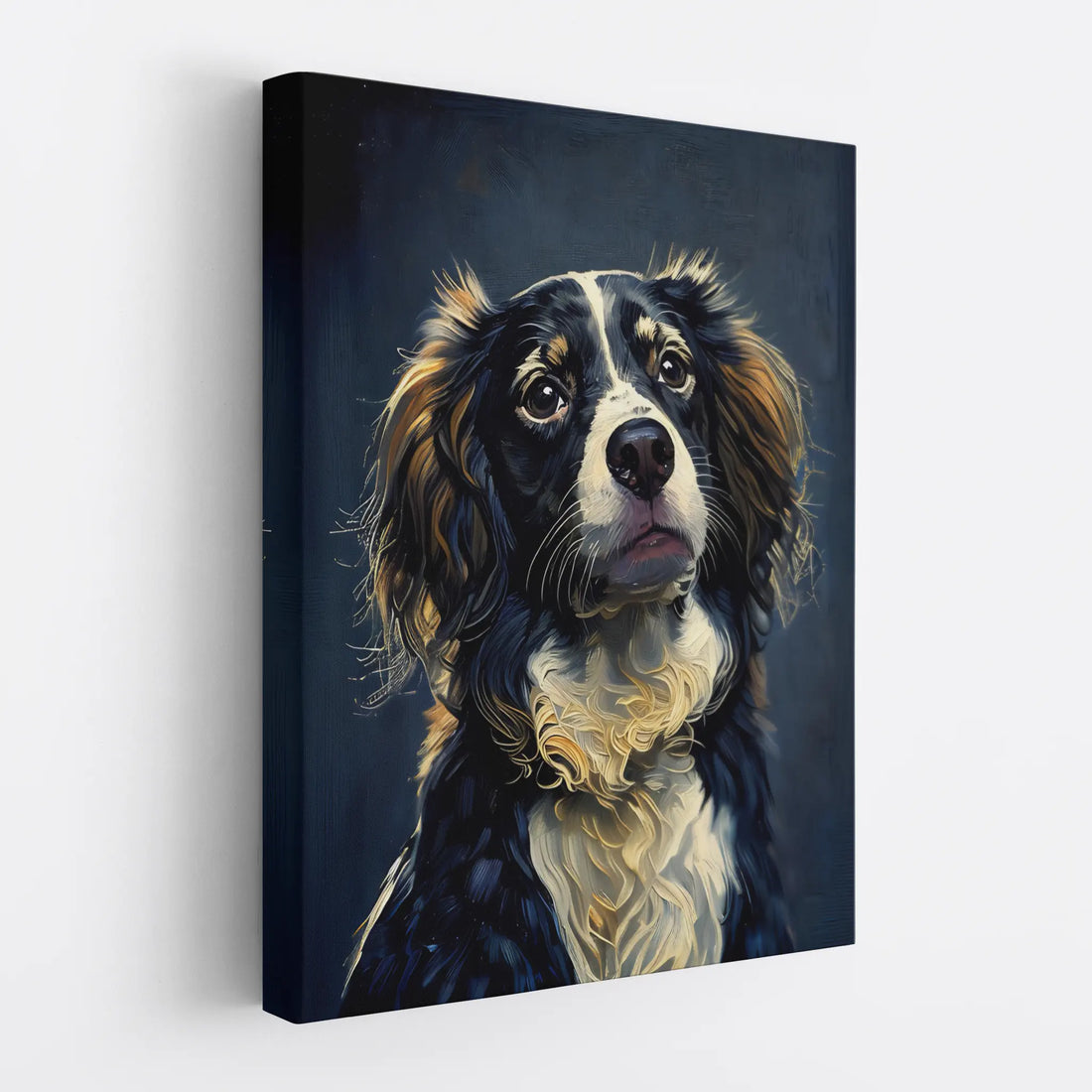 Canvas print featuring a realistic painting of a dog with long, wavy fur and expressive eyes against a dark background.