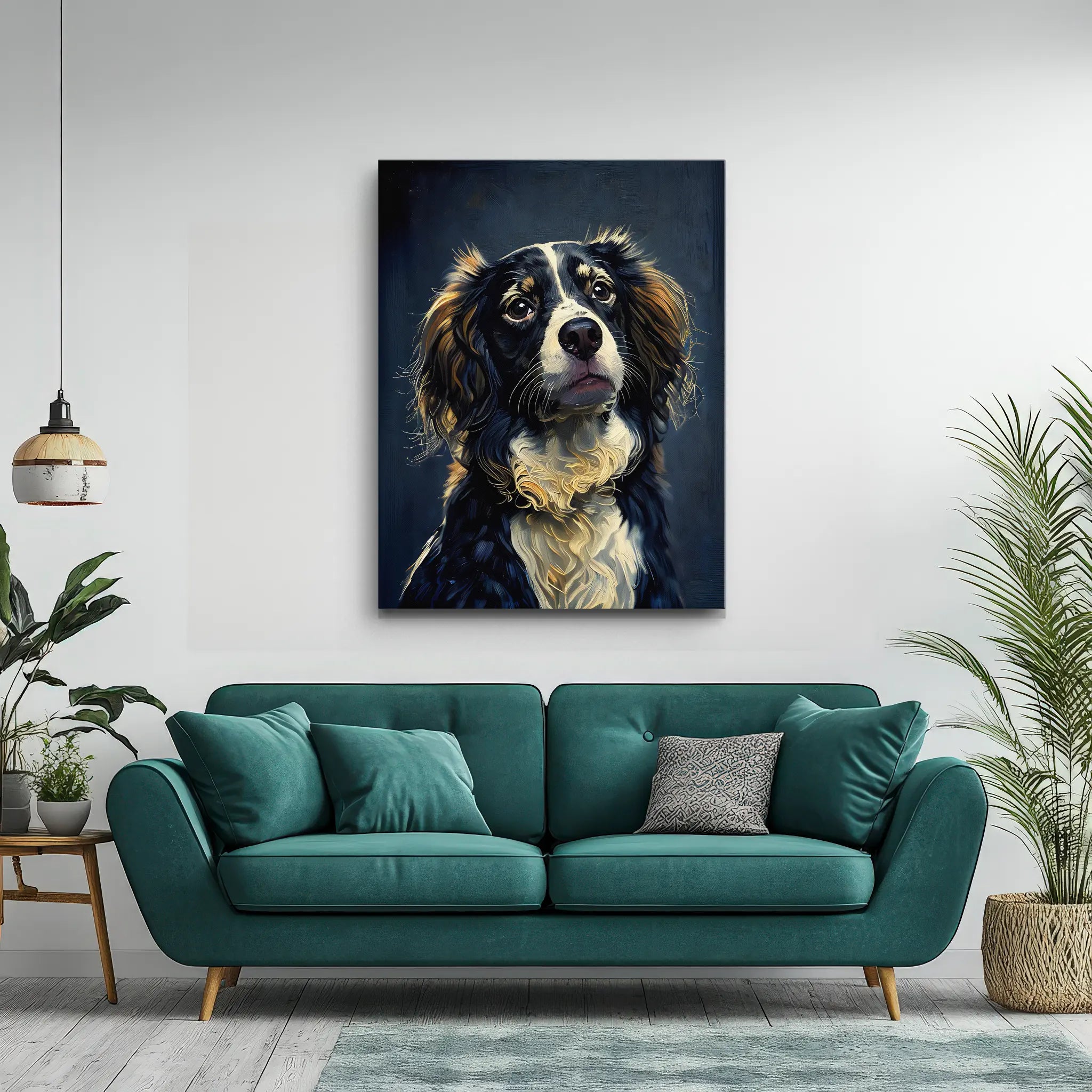 A teal sofa with cushions in a modern living room, featuring a large portrait of a dog on the wall above.