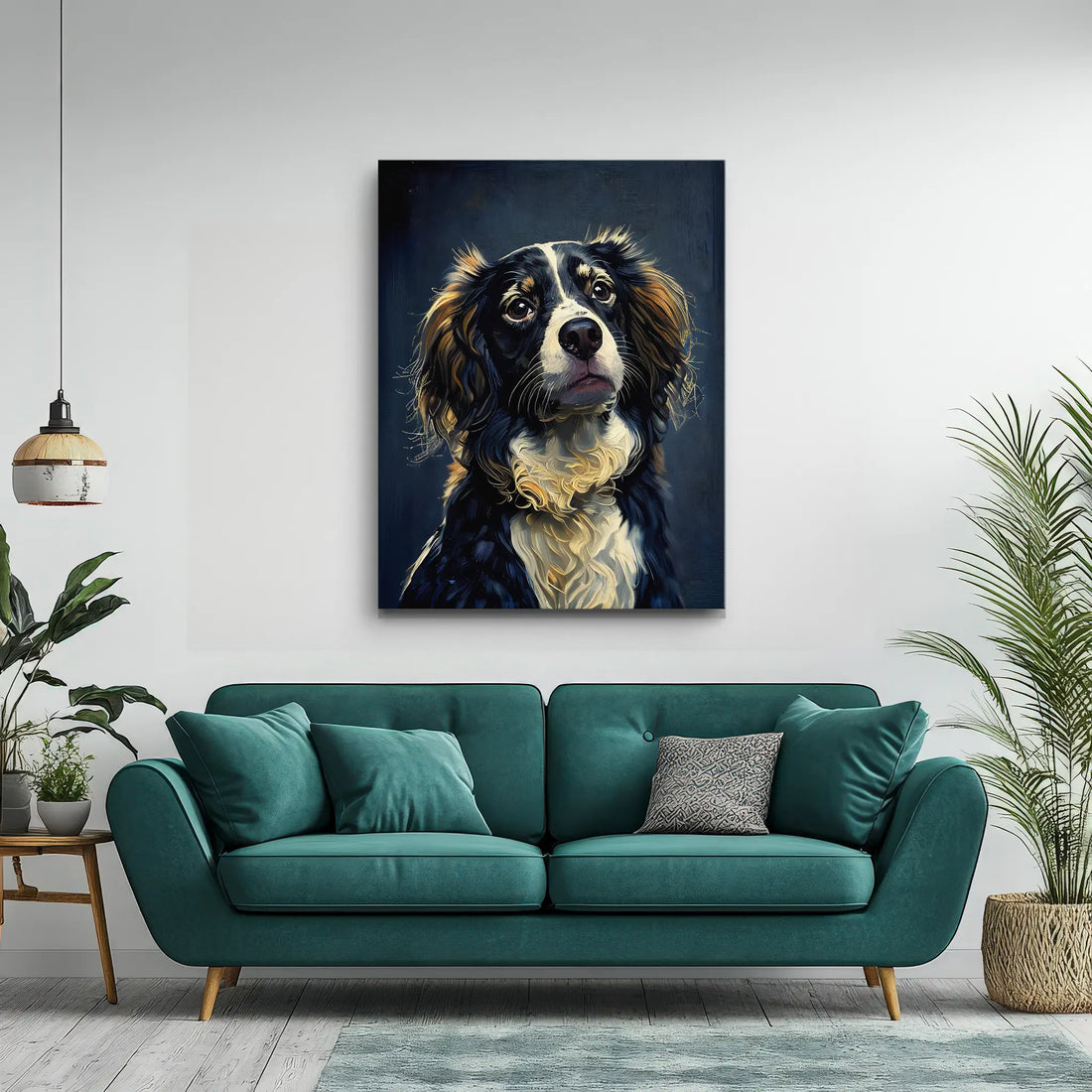 A teal sofa with cushions in a modern living room, featuring a large portrait of a dog on the wall above.