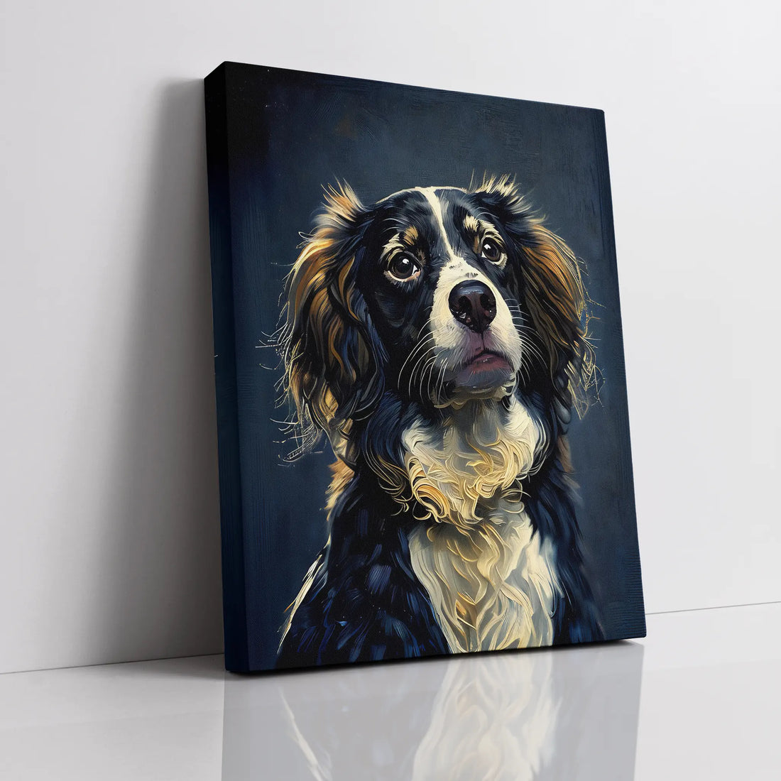 Canvas painting of a dog with a detailed, expressive face and curly fur.