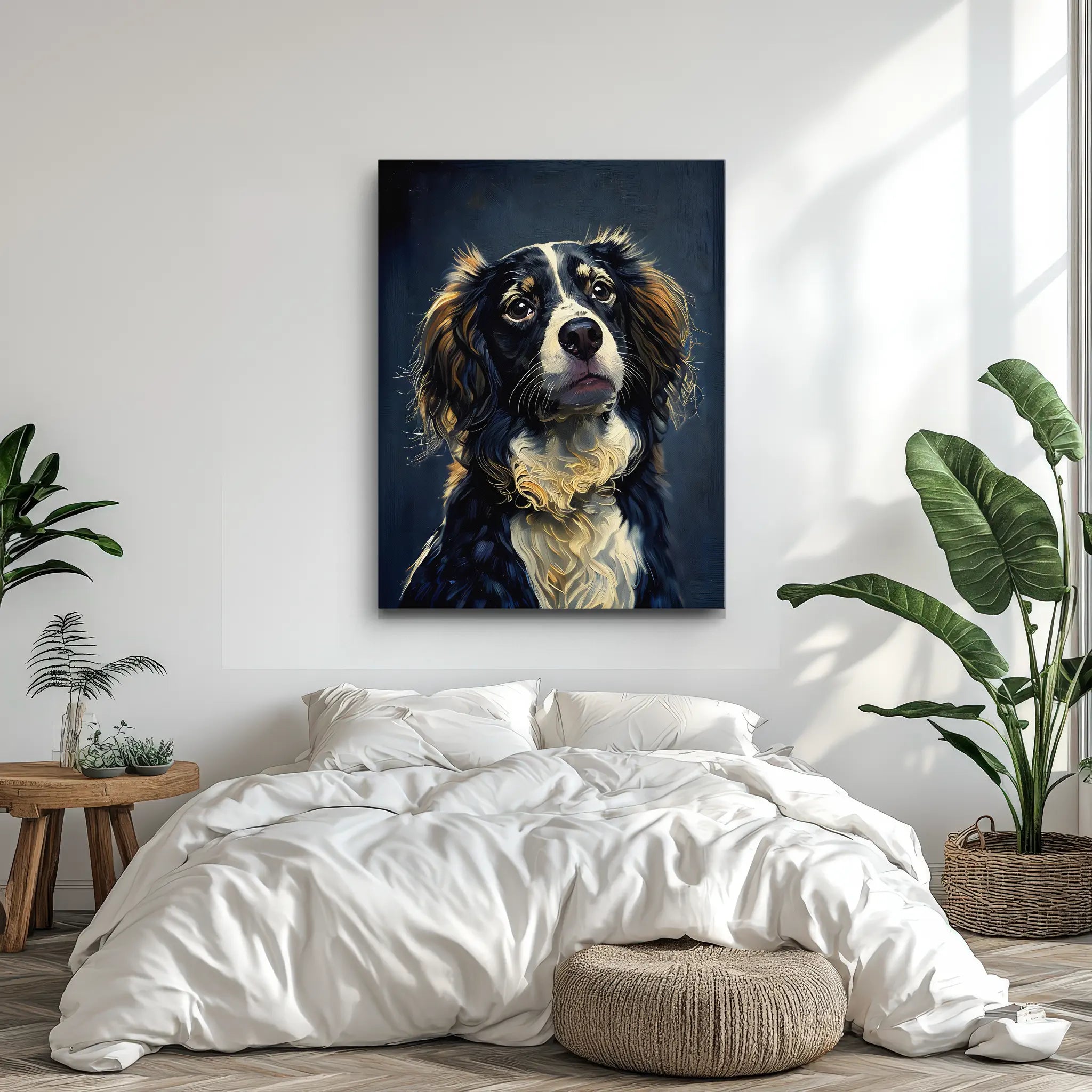 A cozy bedroom with a large, detailed painting of a dog on the wall above a white bed, surrounded by plants and natural decor.