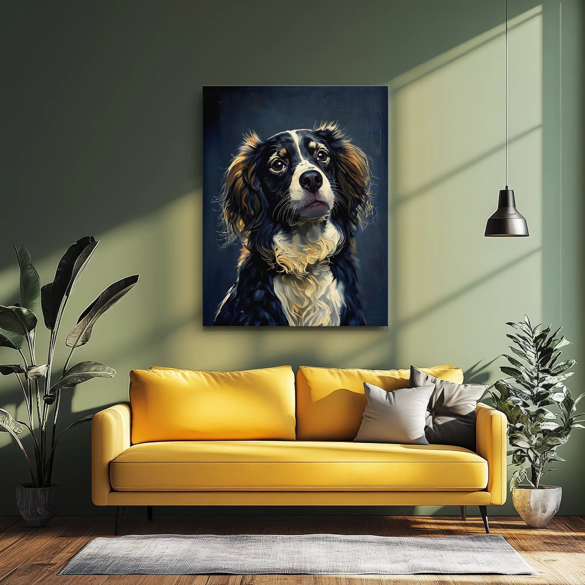 Yellow sofa with cushions in a stylish room, featuring a large dog portrait on the wall and surrounded by plants.