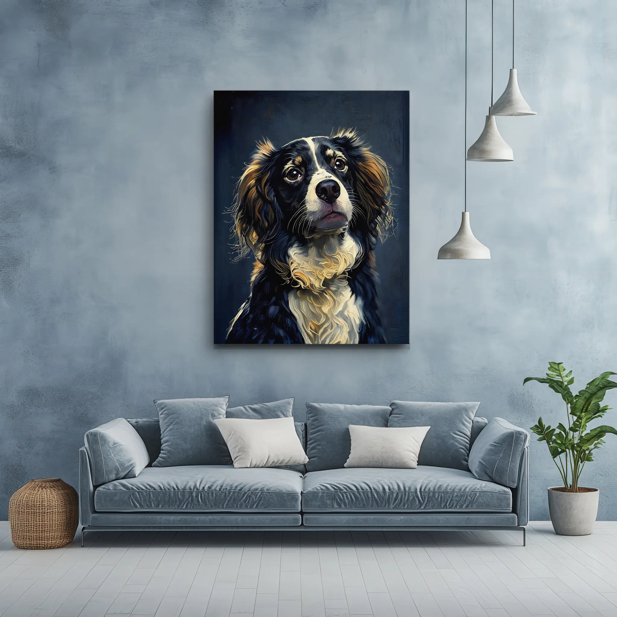 Painting of a dog on a blue wall above a blue sofa with white pillows, pendant lights, and a potted plant.