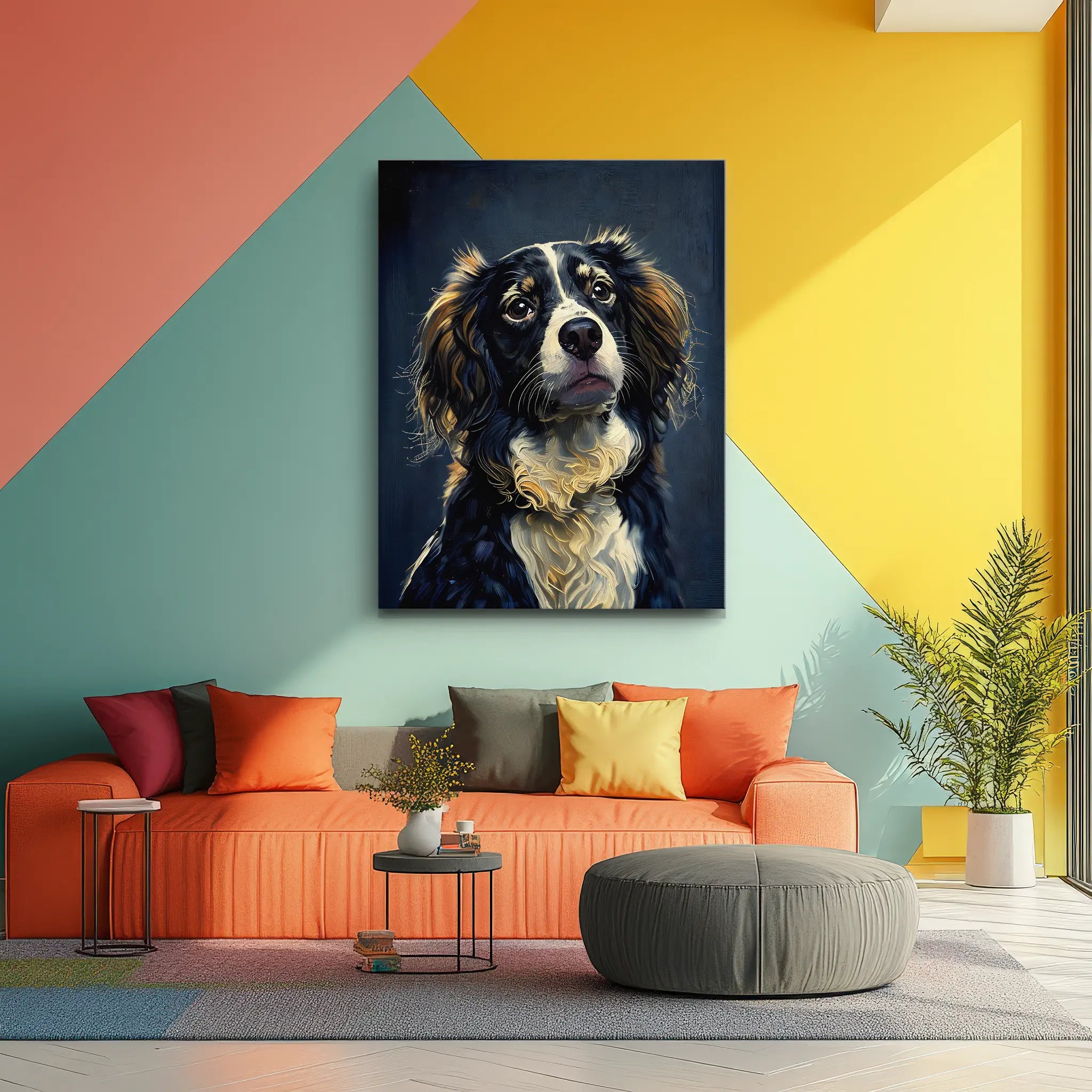 Colorful living room with geometric wall design, featuring an orange sofa with multicolored pillows, a round gray ottoman, and a large dog portrait on the wall.