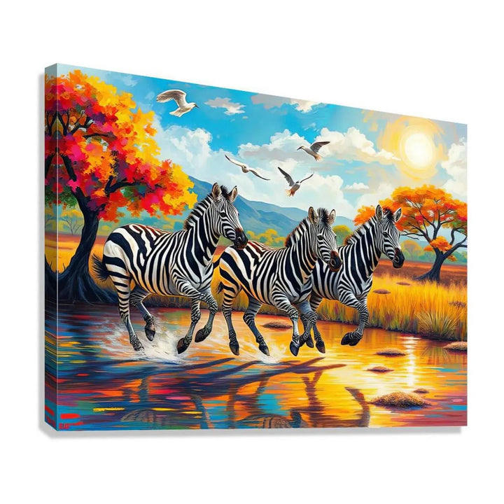 Three Zebras Racing, Animal Art Print 43841 Giclée Stretched Canvas Print Visual Wall Art