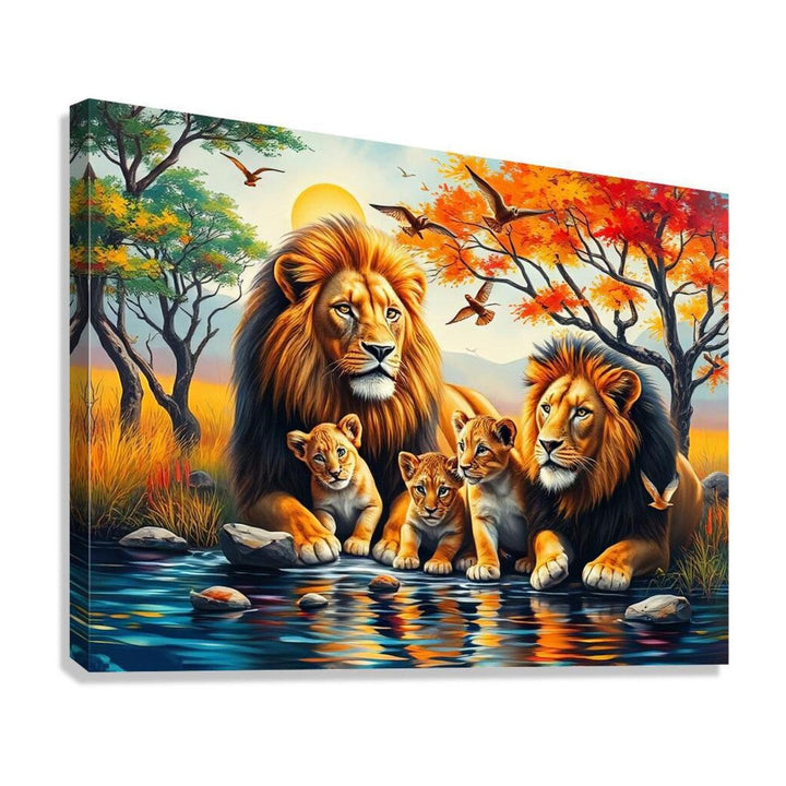 Two Lions Brothers And Cubs , Animal Art Print 43833 Giclée Stretched Canvas Print Visual Wall Art