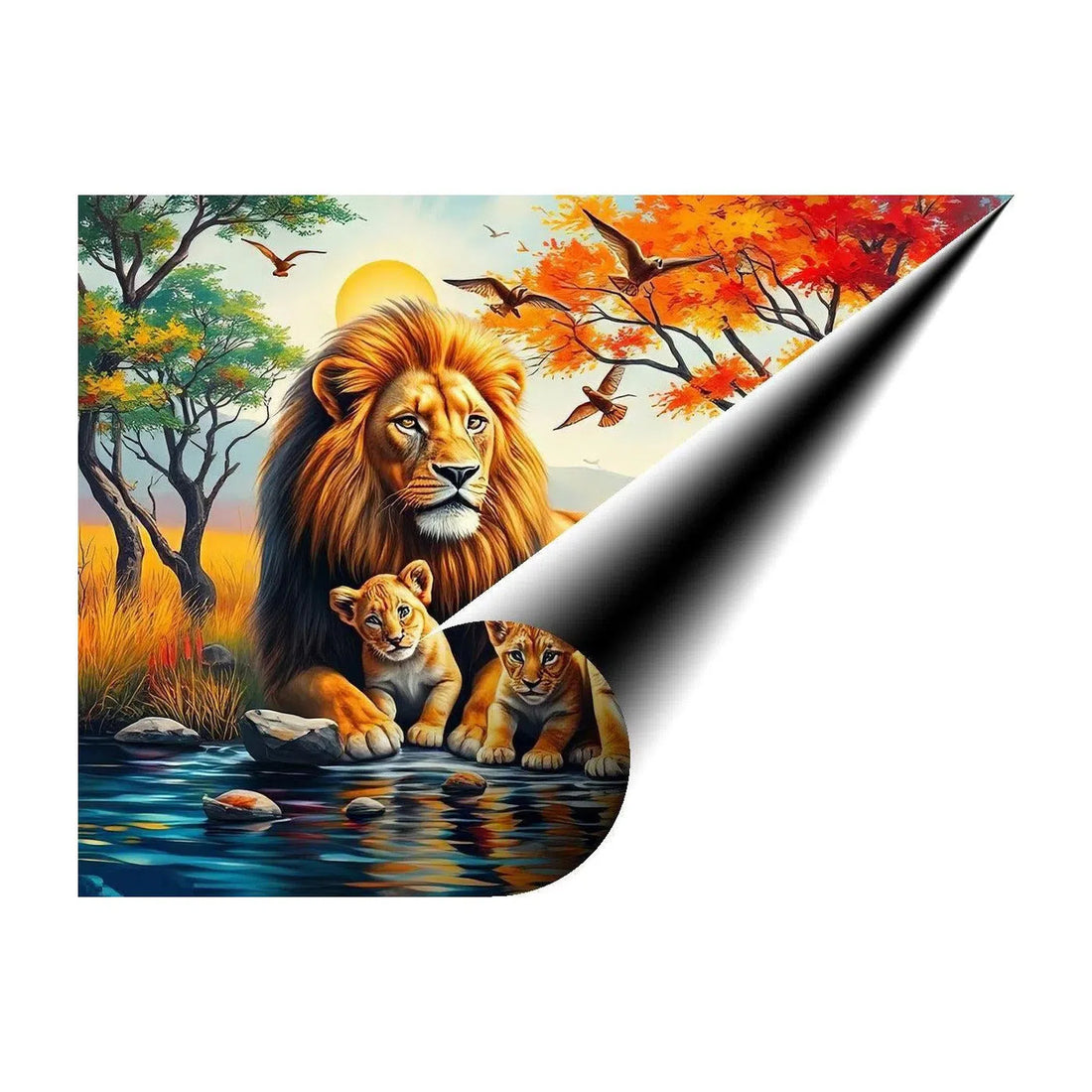 Two Lions Brothers And Cubs , Animal Art Print 43833 Giclée Fine Art Matte Paper Print Visual Wall Art