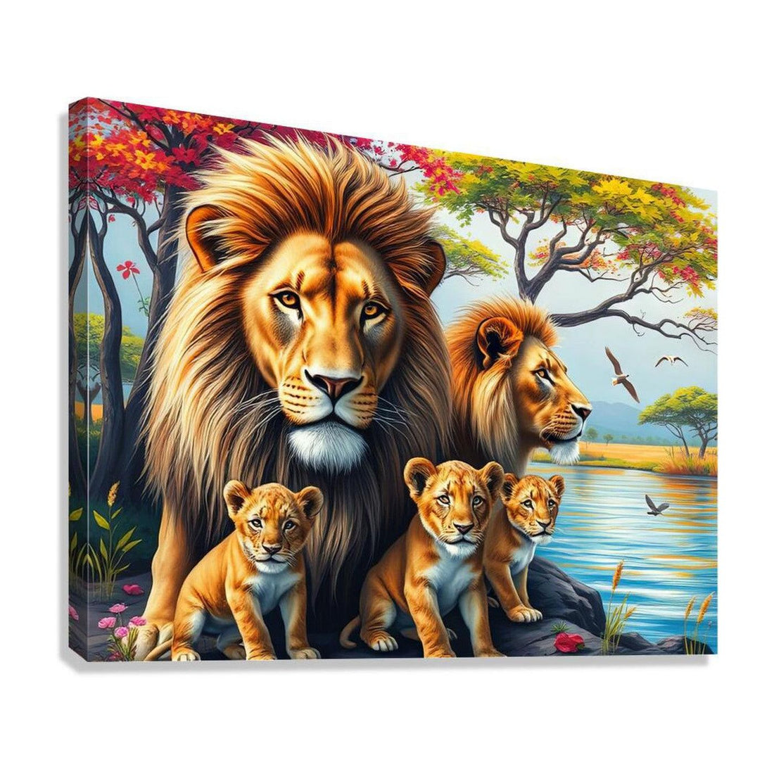 Two Males Lions And Cubs, Animal Art Print 43844 Giclée Stretched Canvas Print Visual Wall Art