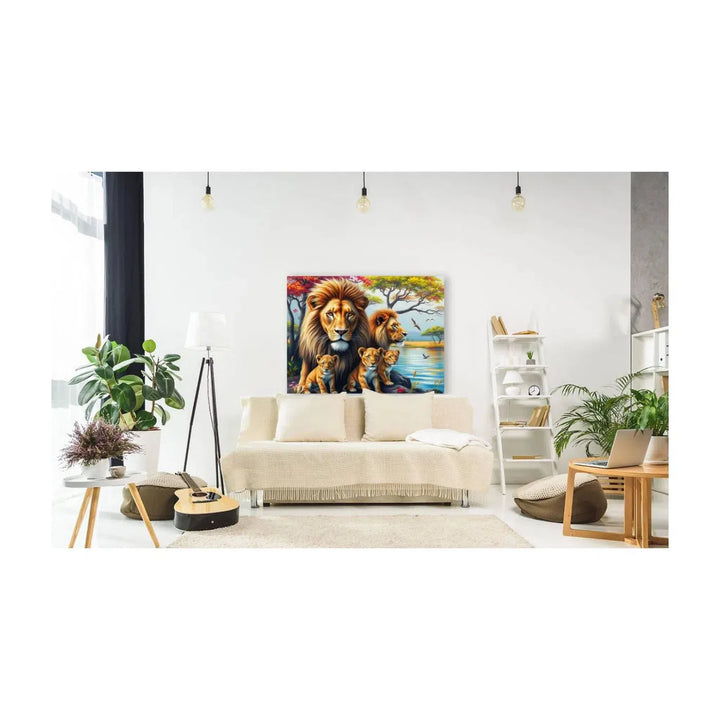 Two Males Lions And Cubs, Animal Art Print 43844 Visual Wall Art