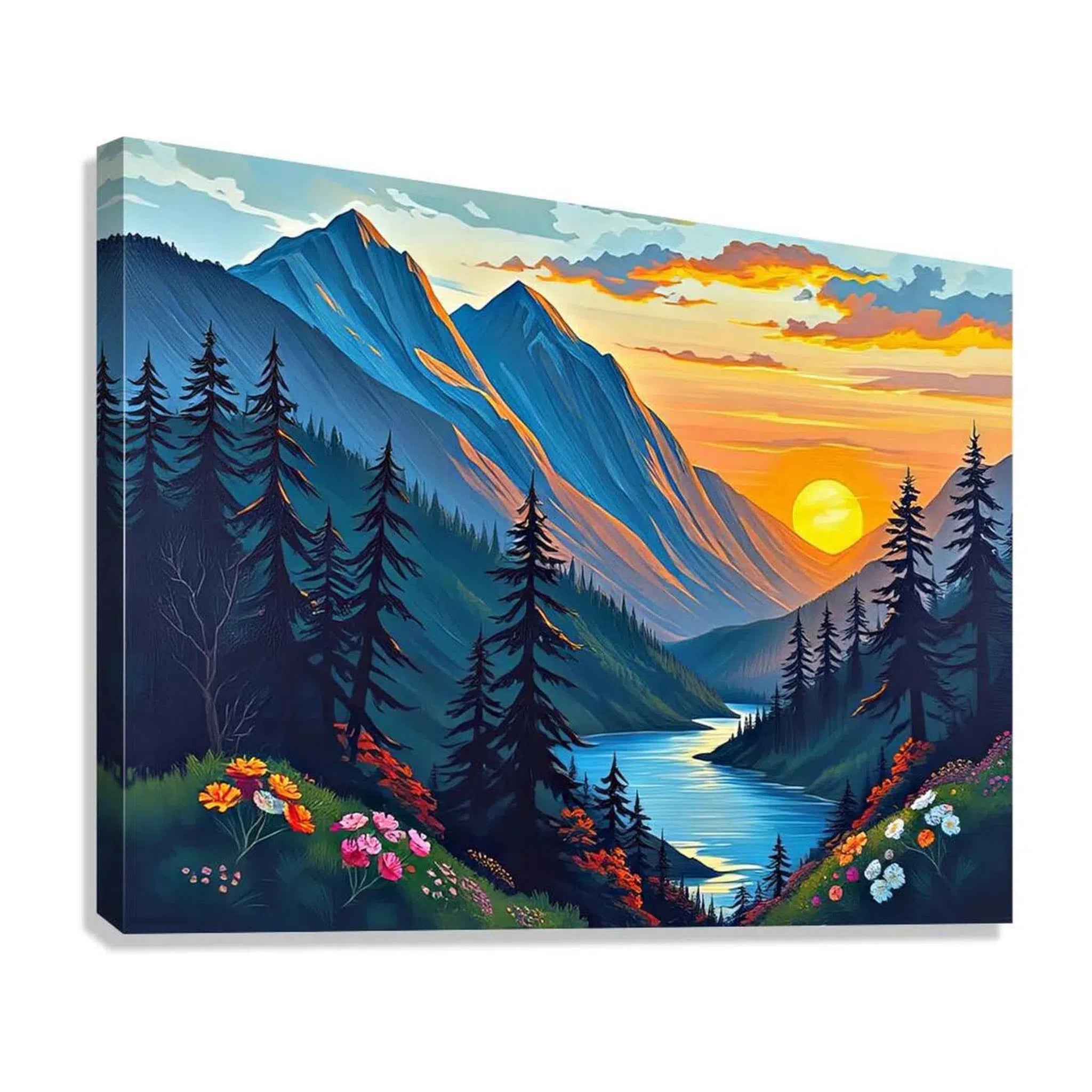 Valley Scene At Sunset Nature Art Print 43745 Giclée Stretched Canvas Print Visual Wall Art