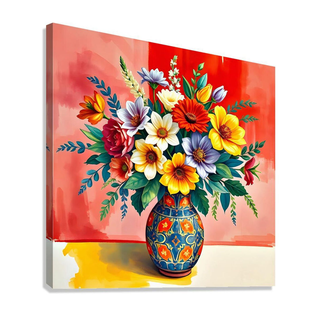 Various Flowers Blue Vase Ornate Still Life Print-11923 Giclée Stretched Canvas Print Visual Wall Art