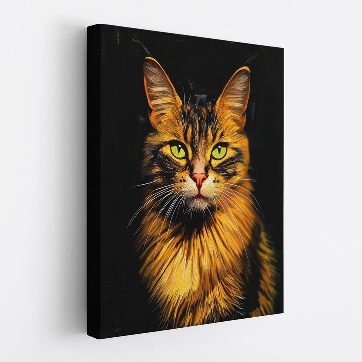 A canvas print featuring a detailed painting of a cat with bright green eyes and a rich, golden-brown fur against a black background.
