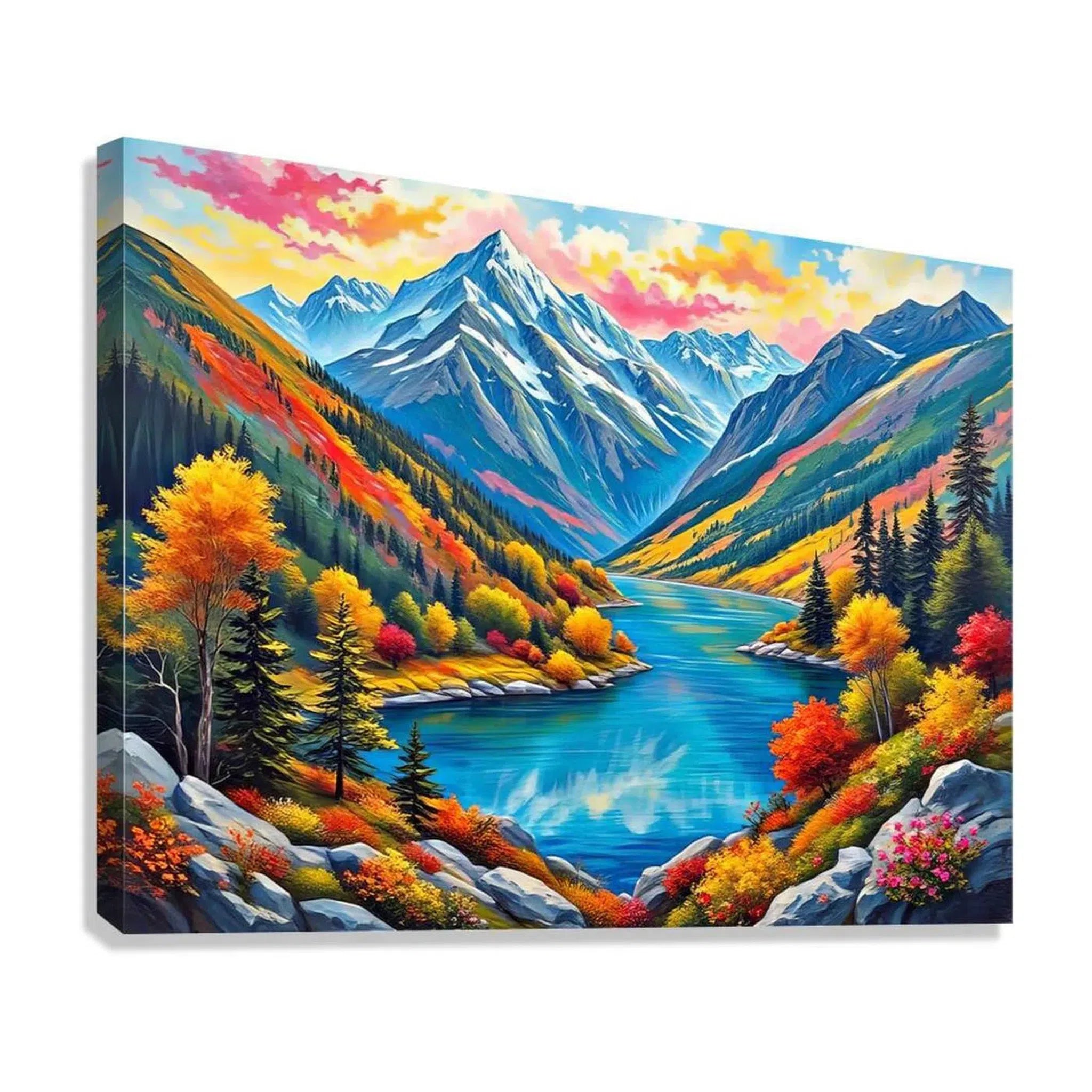Vibrant Autumnal Lake Nature Art Print 43748 Giclée Stretched Canvas Print Visual Wall Art