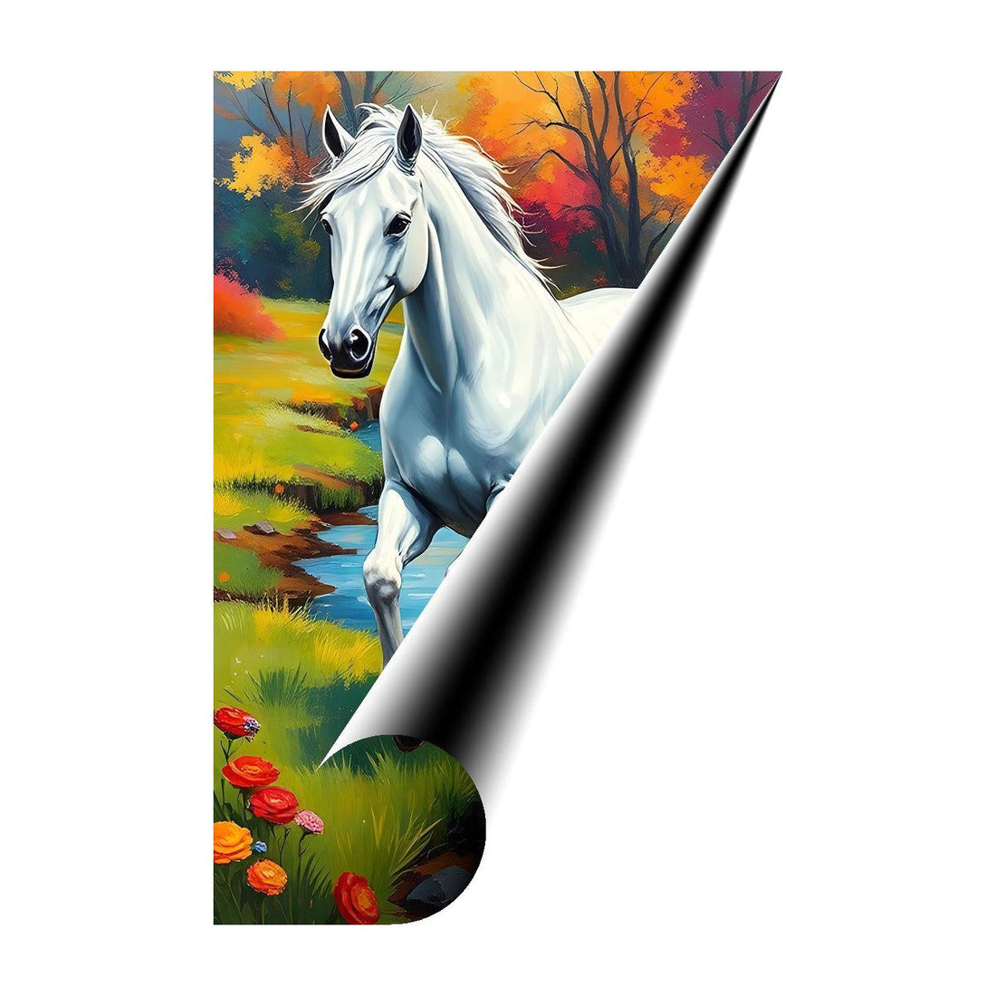 White Horse Gallop Crossing Water, Animal Print 23405 Giclee Rolled Canvas Print Visual Wall Art