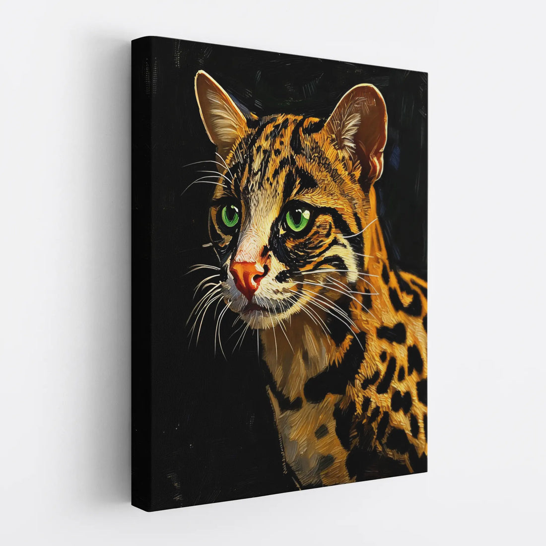 Canvas print of a wild cat with green eyes and a spotted coat on a black background.