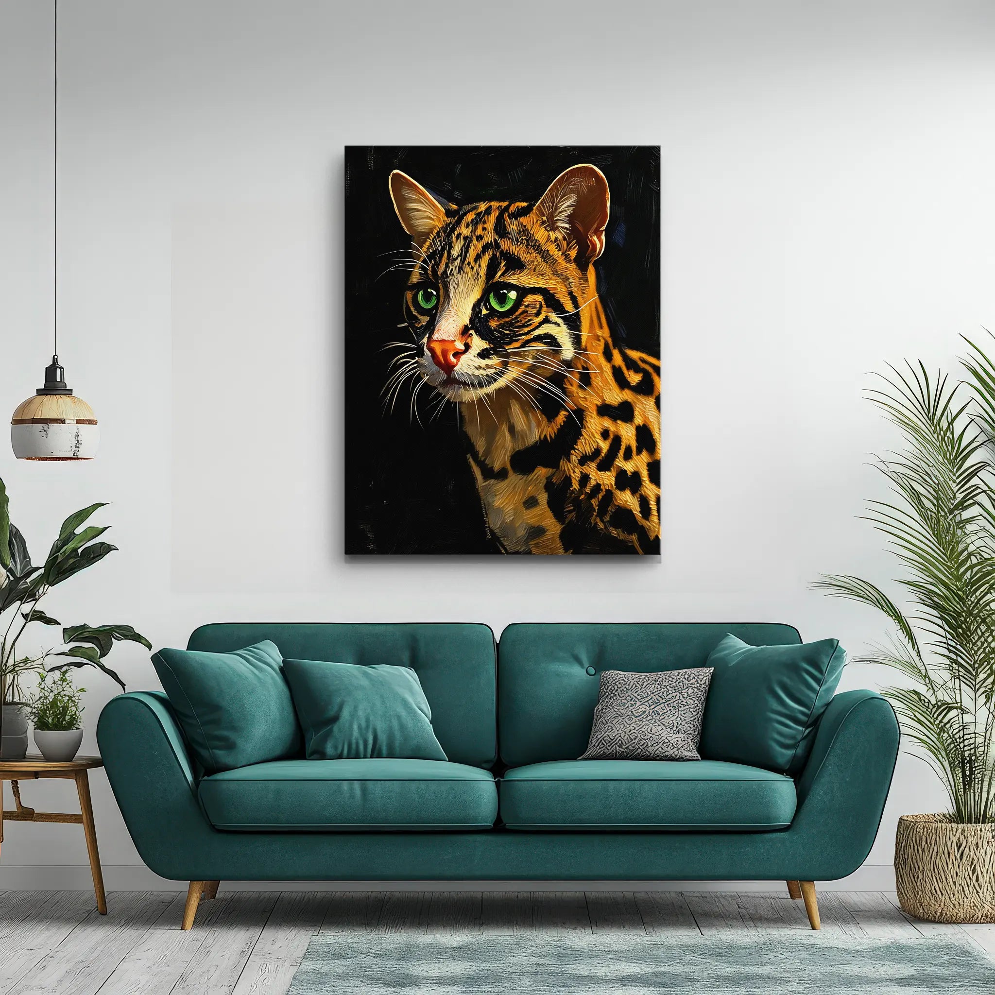 A teal sofa with cushions in a modern living room, featuring a large painting of a leopard with green eyes on the wall.