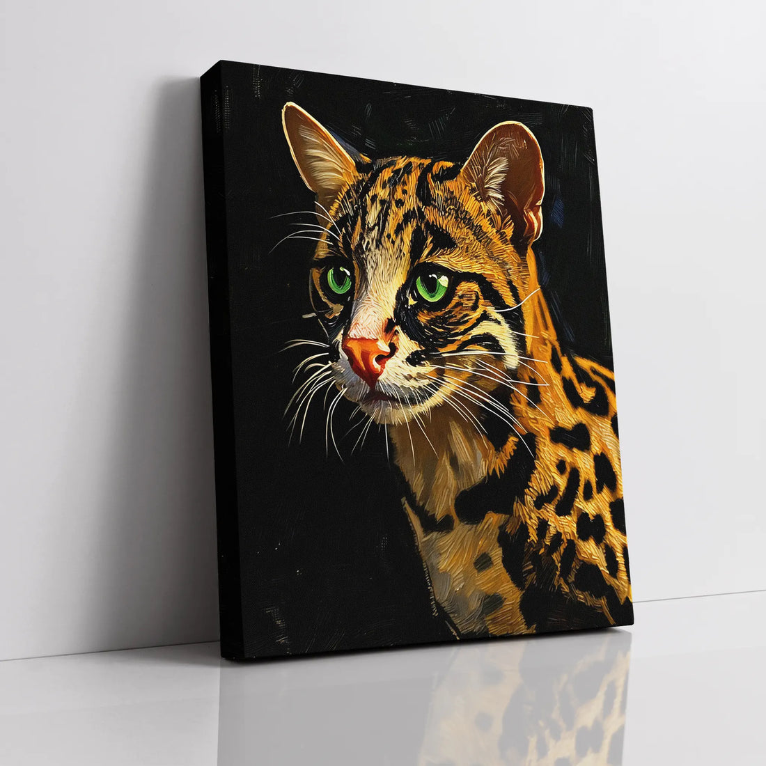 Canvas painting of a wild cat with green eyes and a spotted coat on a black background.