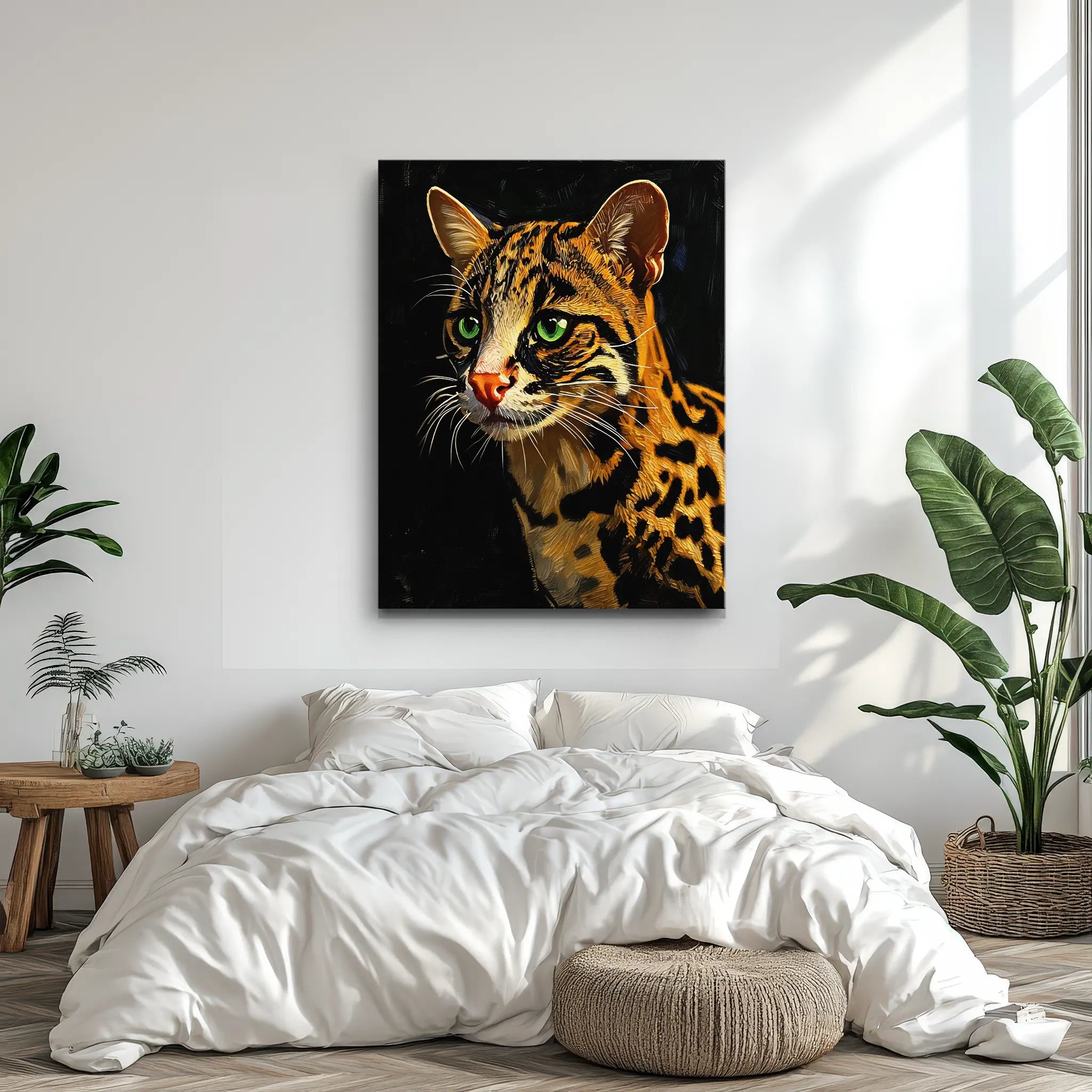 A bedroom with a large painting of a leopard on the wall above a white bed, surrounded by plants and a woven pouf.